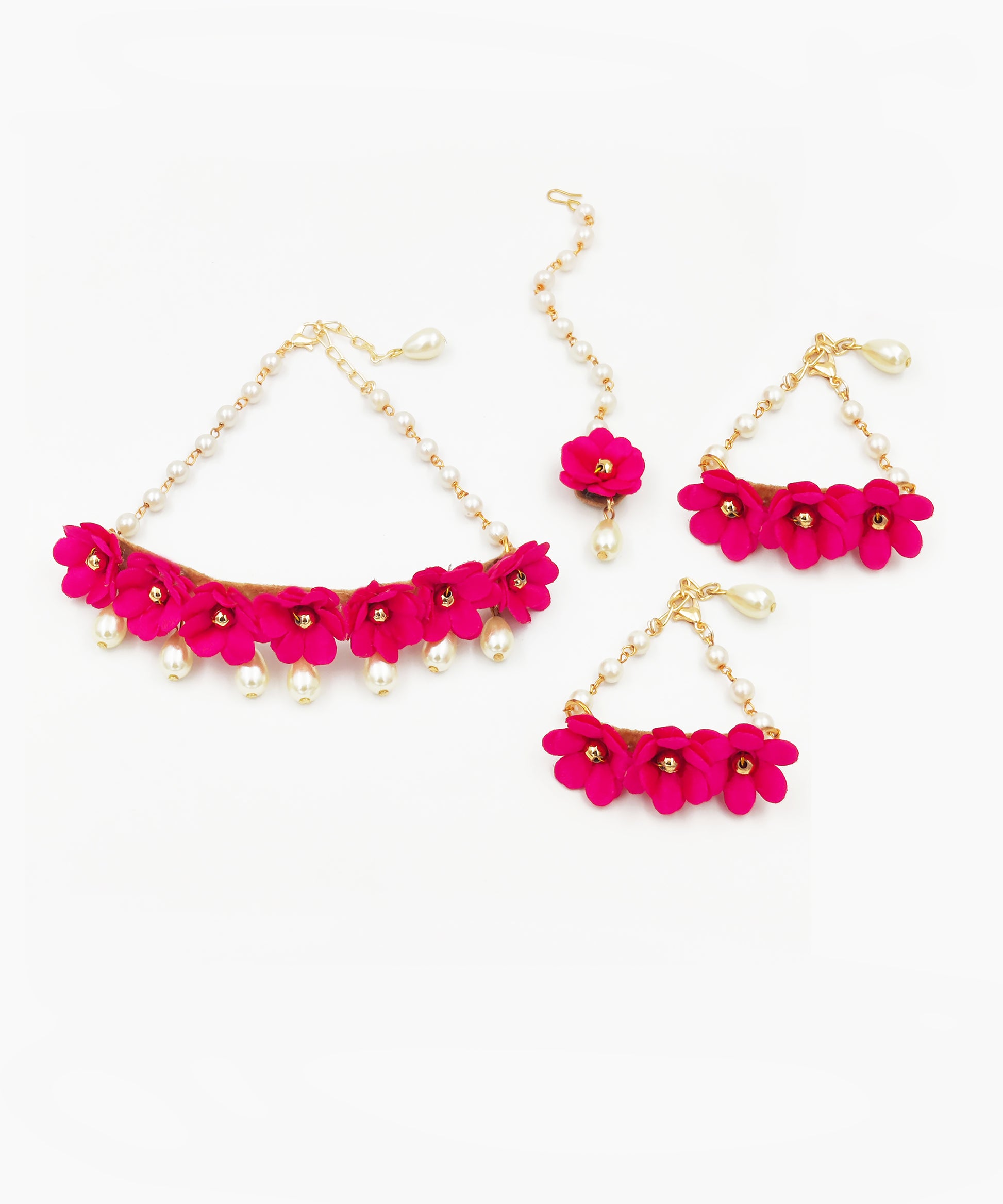 Lavanya Floral Necklace, 2 Bracelets & Maang Teeka Set - Magenta