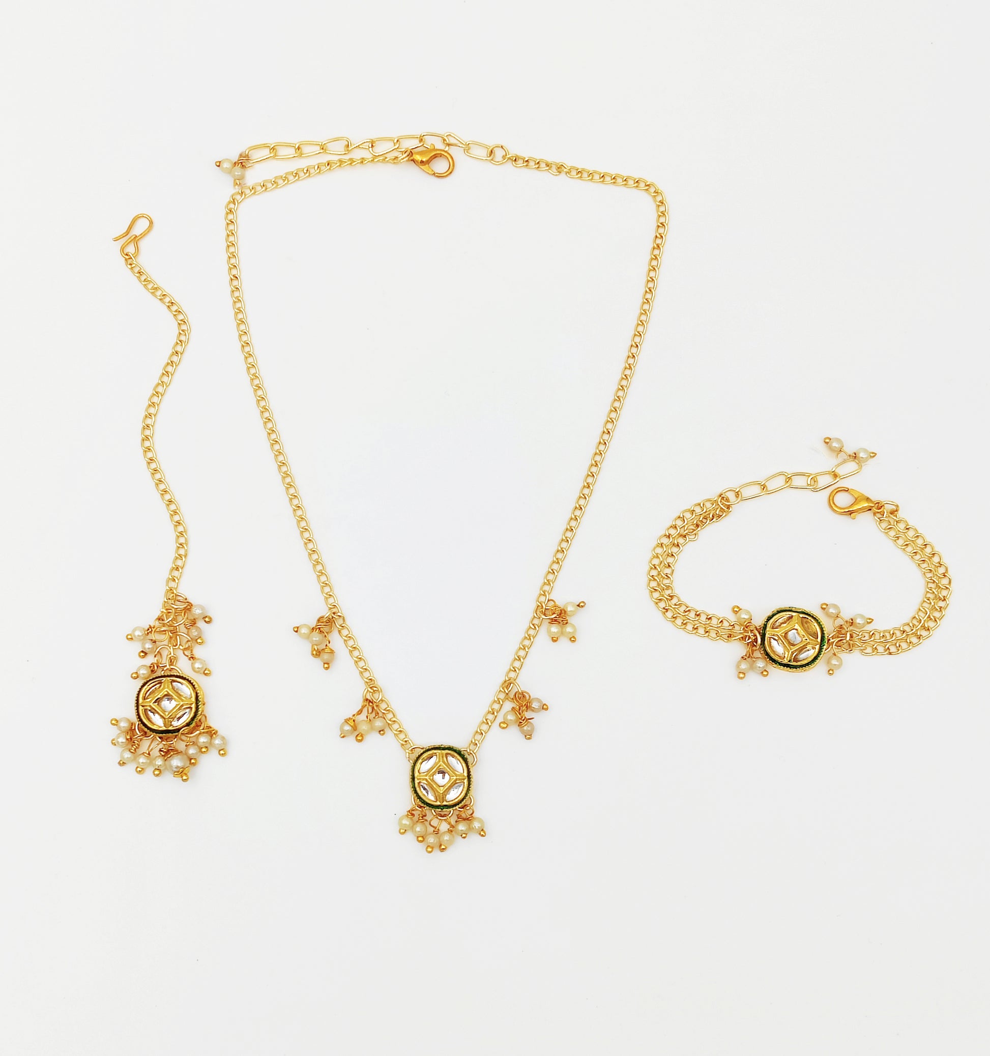 Saba Kundan & Pearl Detailed Necklace, Bracelet & Maang Teeka Set - Gold