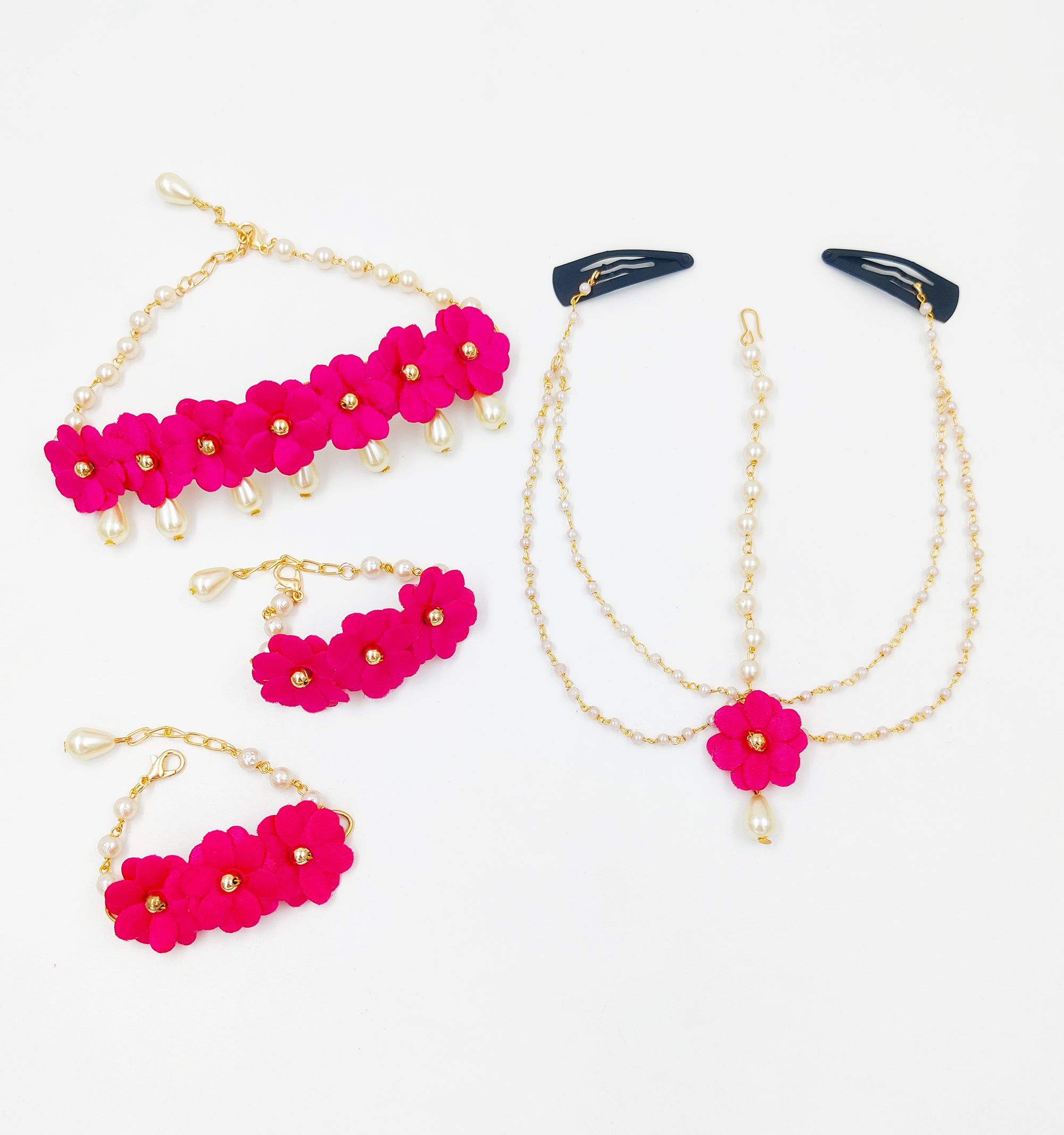 Nargis Floral Head Chain, 2 Bracelets & Necklace Set