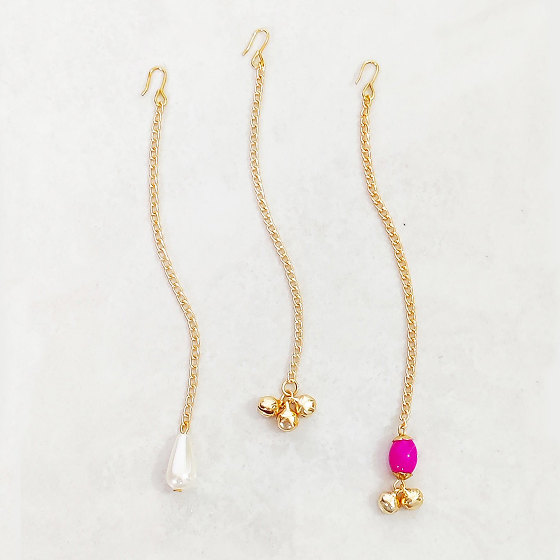 Set Of 3 Pearls, Ghungroos & Stone Detail Maang Teeka