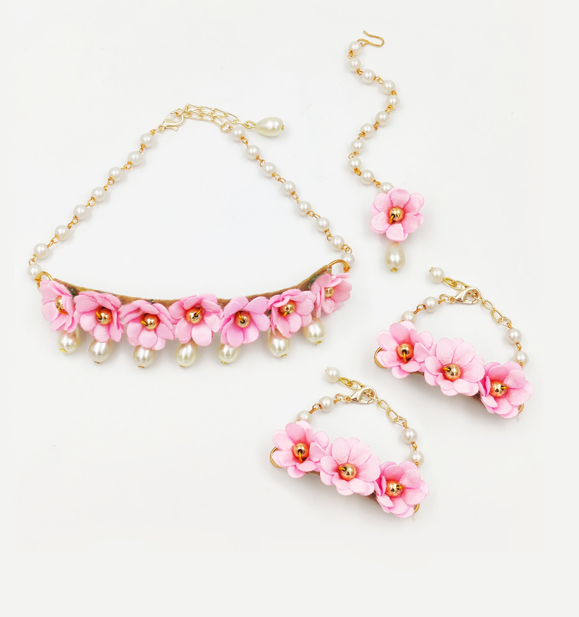 Lavanya Floral Necklace, 2 Bracelets & Maang Teeka Set - Light Pink