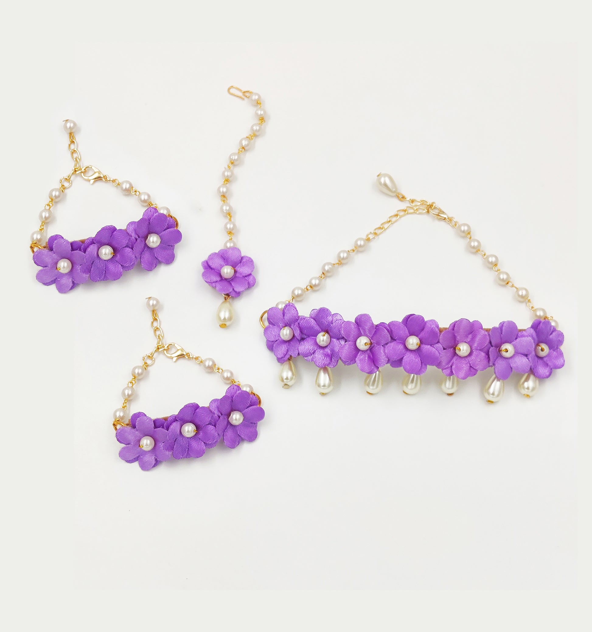 Lavanya Floral Necklace, 2 Bracelets & Maang Teeka Set - Lilac