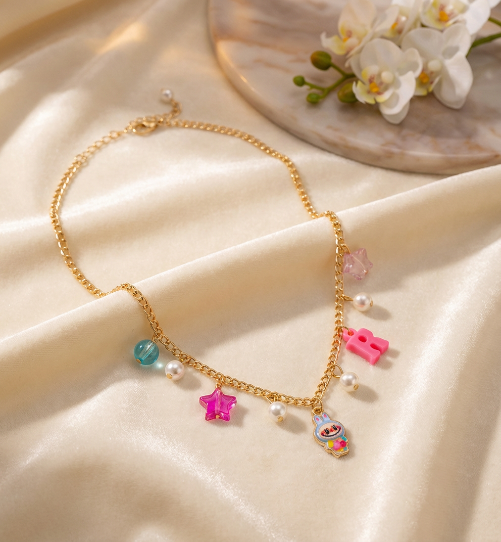 Kids Labubu Personalised Charmed  Necklace- Multicoloured