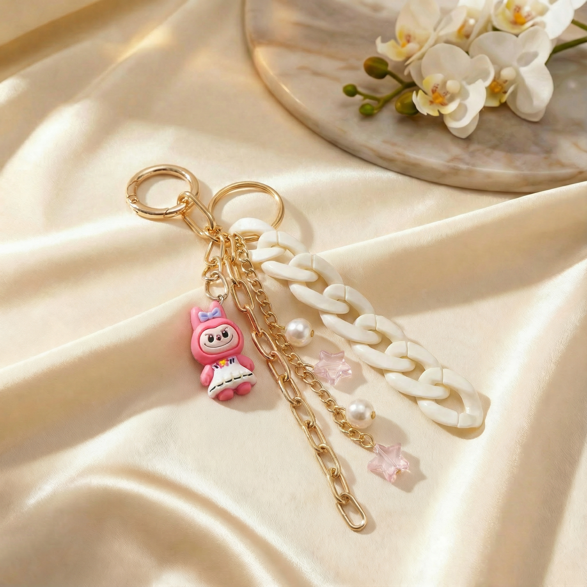 Labubu Charmed Bag Charm & Keychain- Pink, Golden