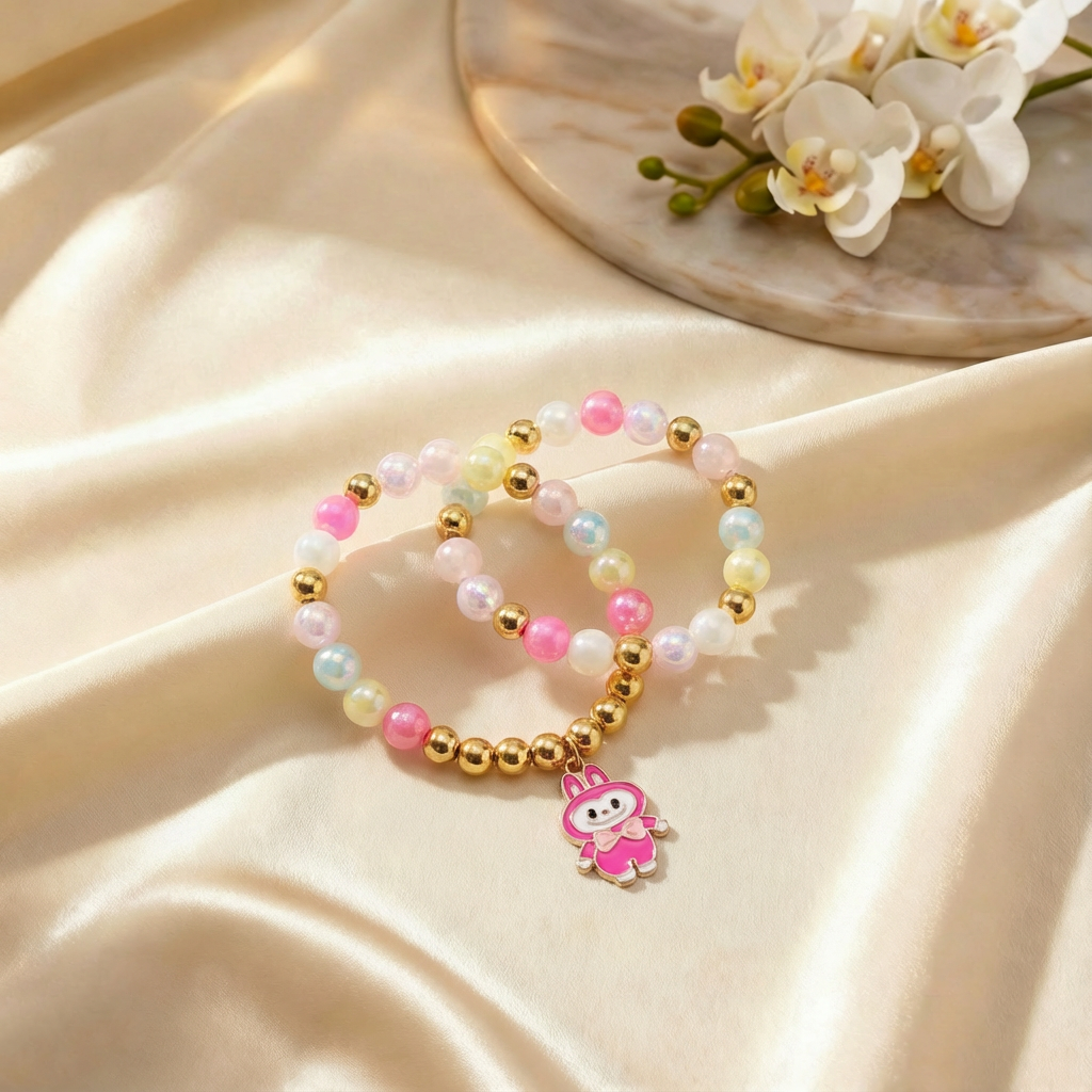 Kids Labubu Charm Beaded Stretch Pastel Bracelet Set- Pink