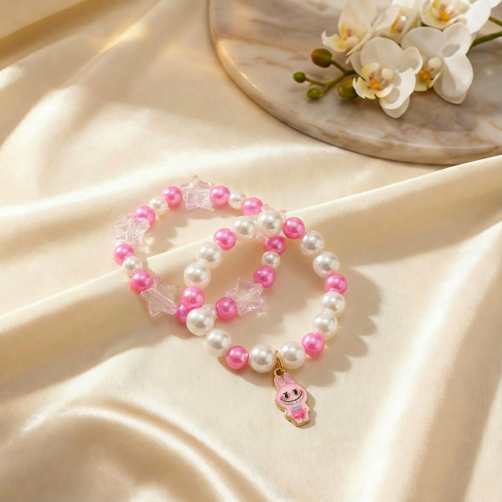 Labubu Charm & Star Bead Bracelet Set- Pink, White