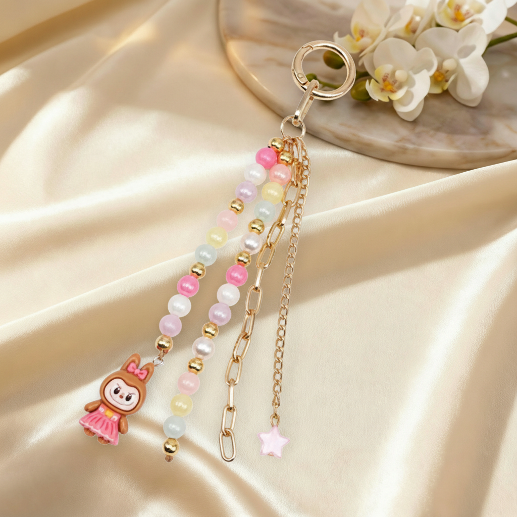Kids Labubu Charm & Beaded Bag Charm & Keychain- Brown, Gold