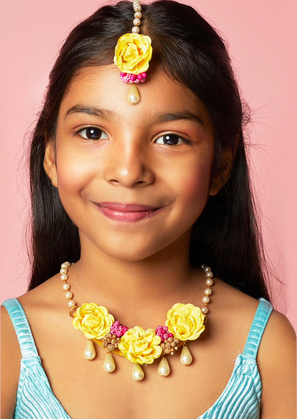 Kids Flowers Embellished Set of Necklace, Bracelet & Maang Teeka - Yellow