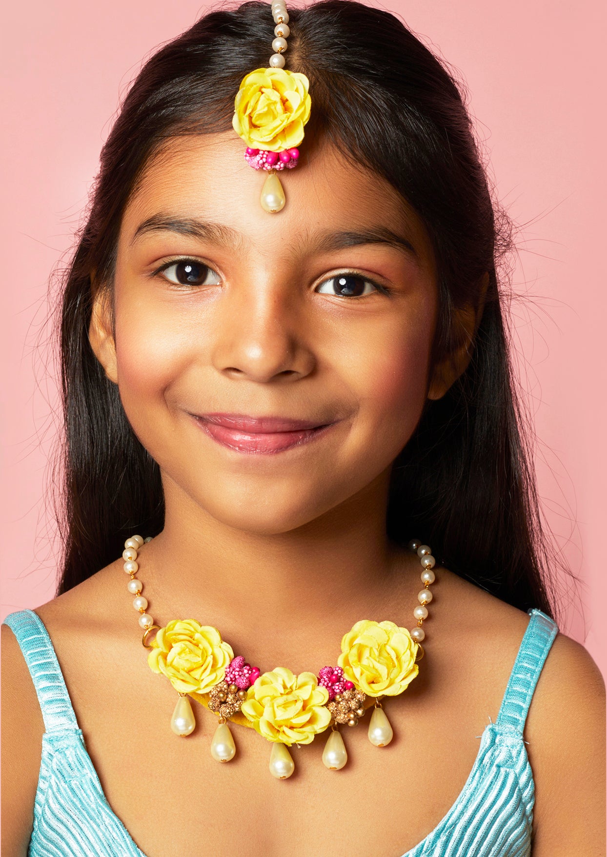 Kids Flowers Embellished Set of Necklace, Bracelet & Maang Teeka - Yellow