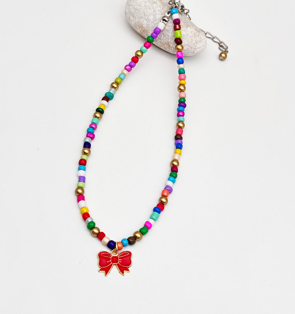 Kids Bow Charm Beaded Necklace- Multicoloured