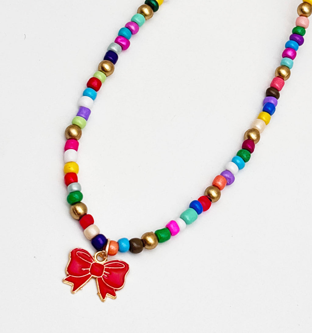 Kids Bow Charm Beaded Necklace- Multicoloured