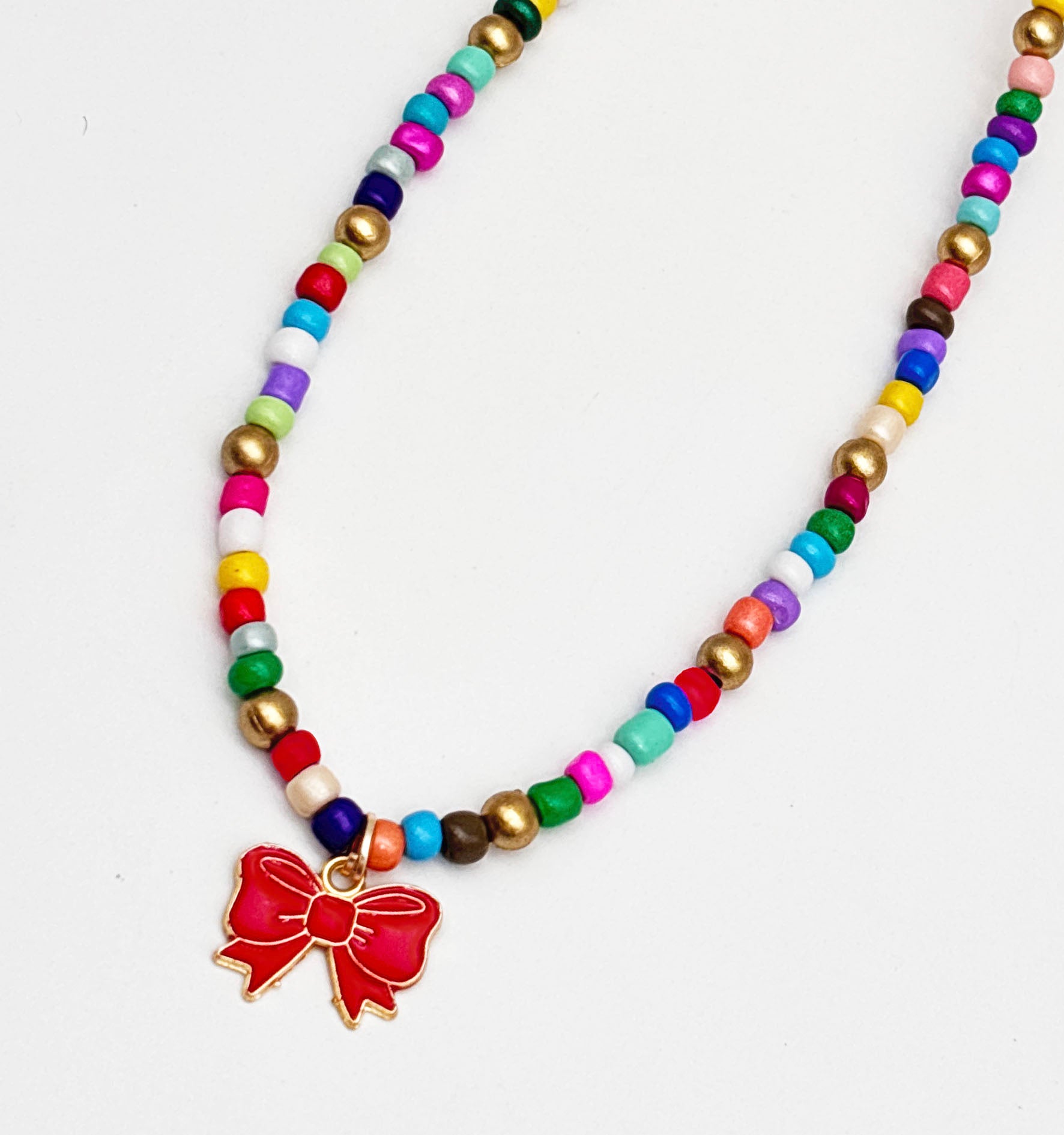Kids Bow Charm Beaded Necklace- Multicoloured
