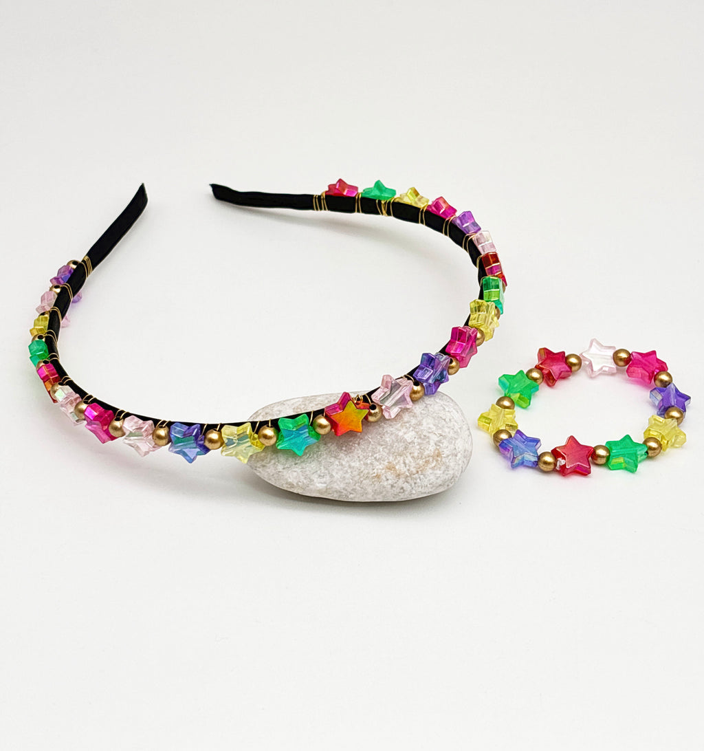 Kids Star Beaded Hair Band & Bracelet Set- Multicoloured
