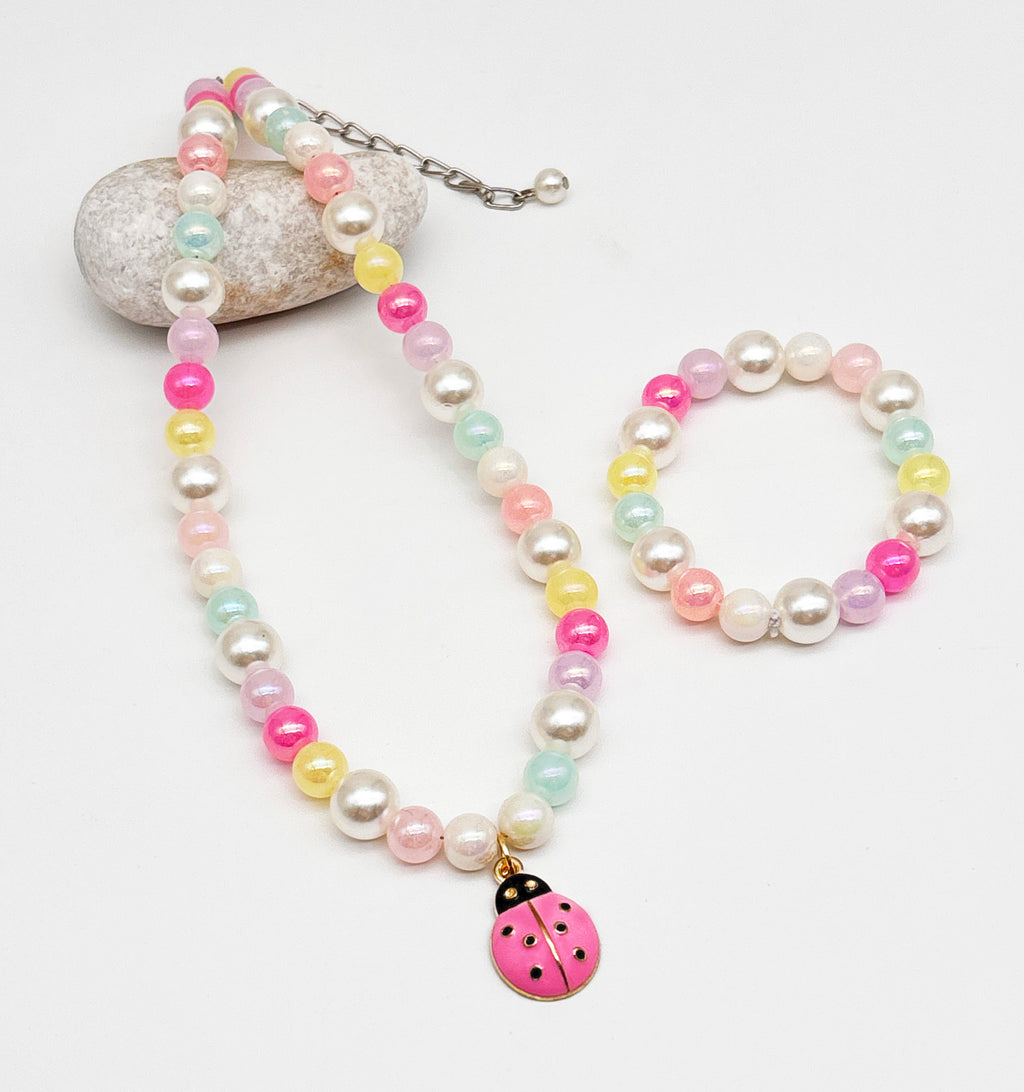 Kids Lady bug Charm Beaded Necklace & Bracelet Set