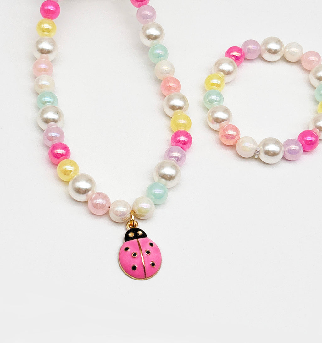 Kids Lady bug Charm Beaded Necklace & Bracelet Set