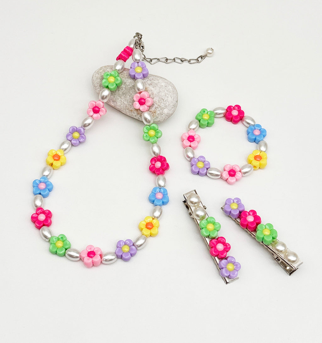 Kids Garden Flower Beaded & Pearl Detailed Necklace, Bracelet & Hair Clips Set