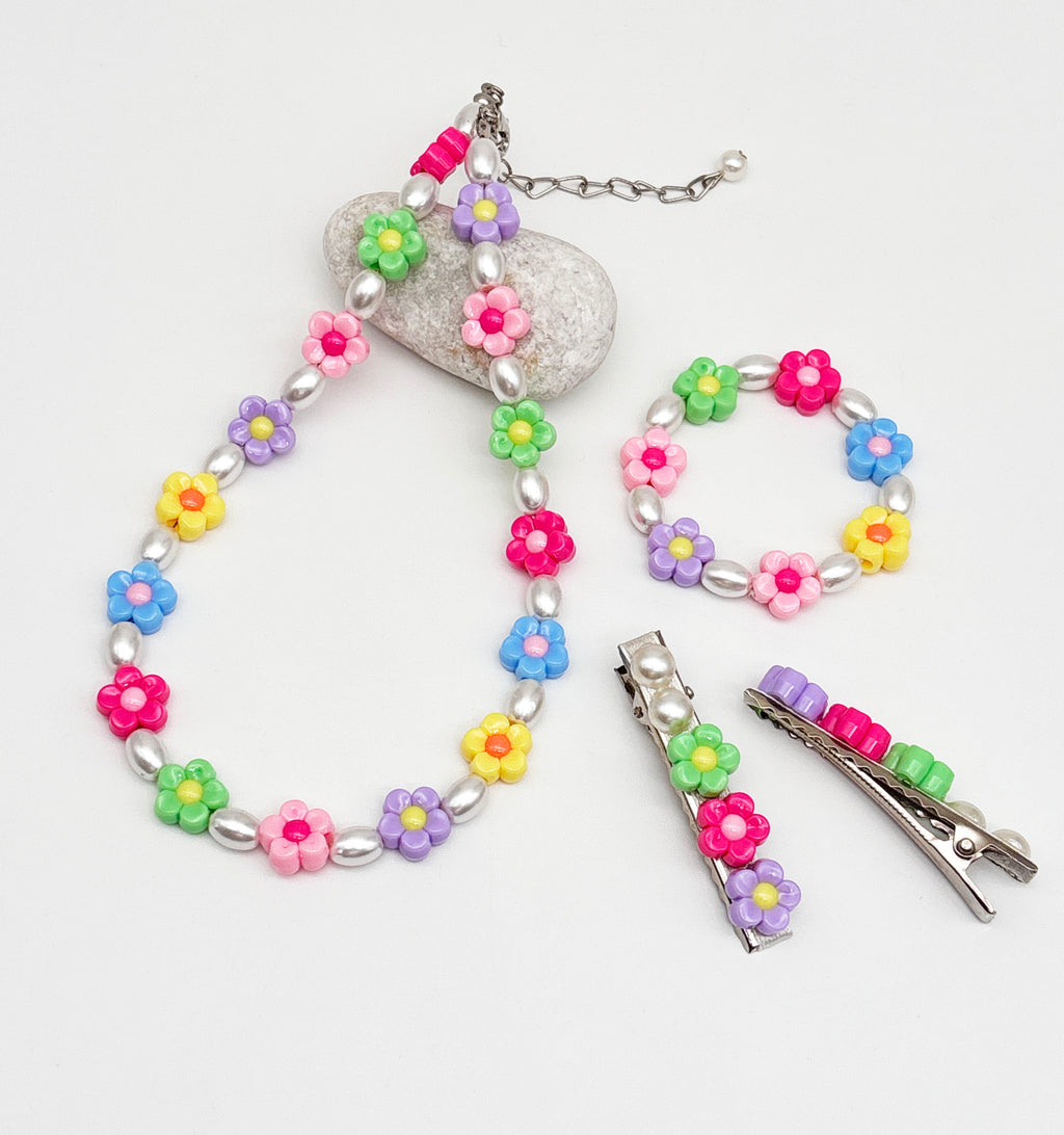 Kids Garden Flower Beaded & Pearl Detailed Necklace, Bracelet & Hair Clips Set
