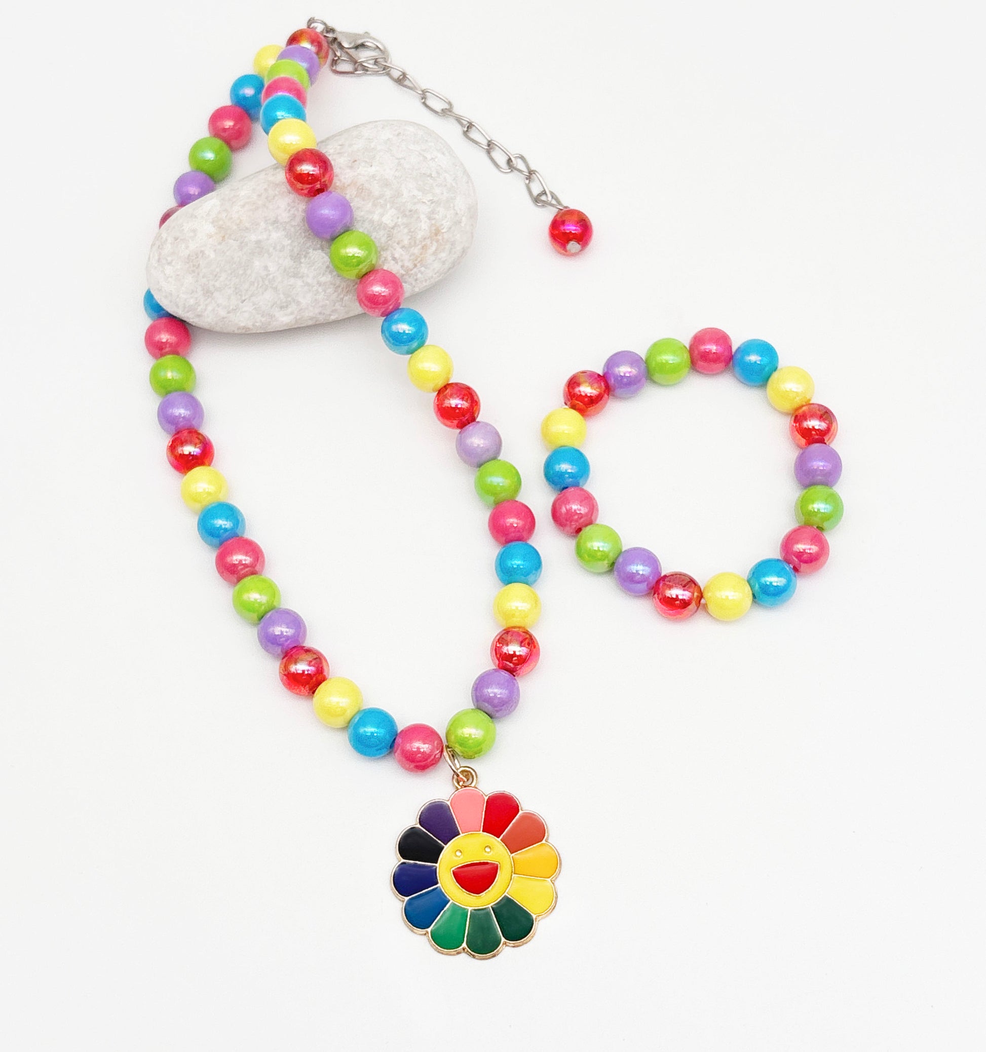 Kids Smiley Flower Charm Beaded Necklace & Bracelet Set