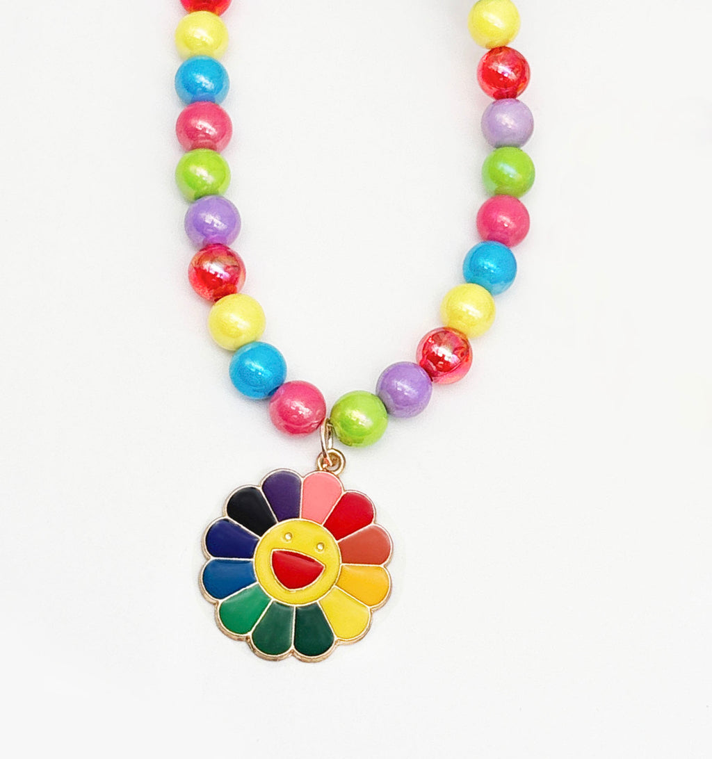 Kids Smiley Flower Charm Beaded Necklace & Bracelet Set