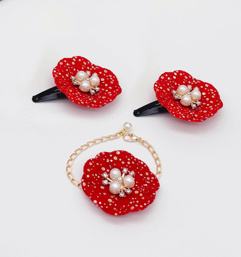 Kids Glam Flower & Pearl Applique Hair Clips & Bracelet Set