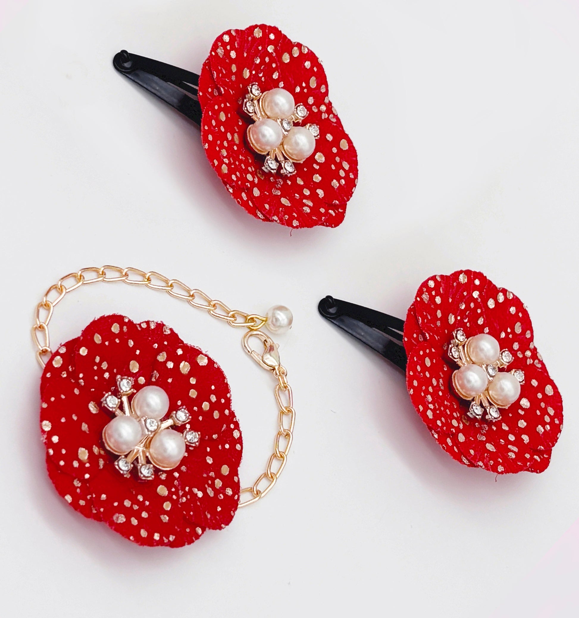 Kids Glam Flower & Pearl Applique Hair Clips & Bracelet Set