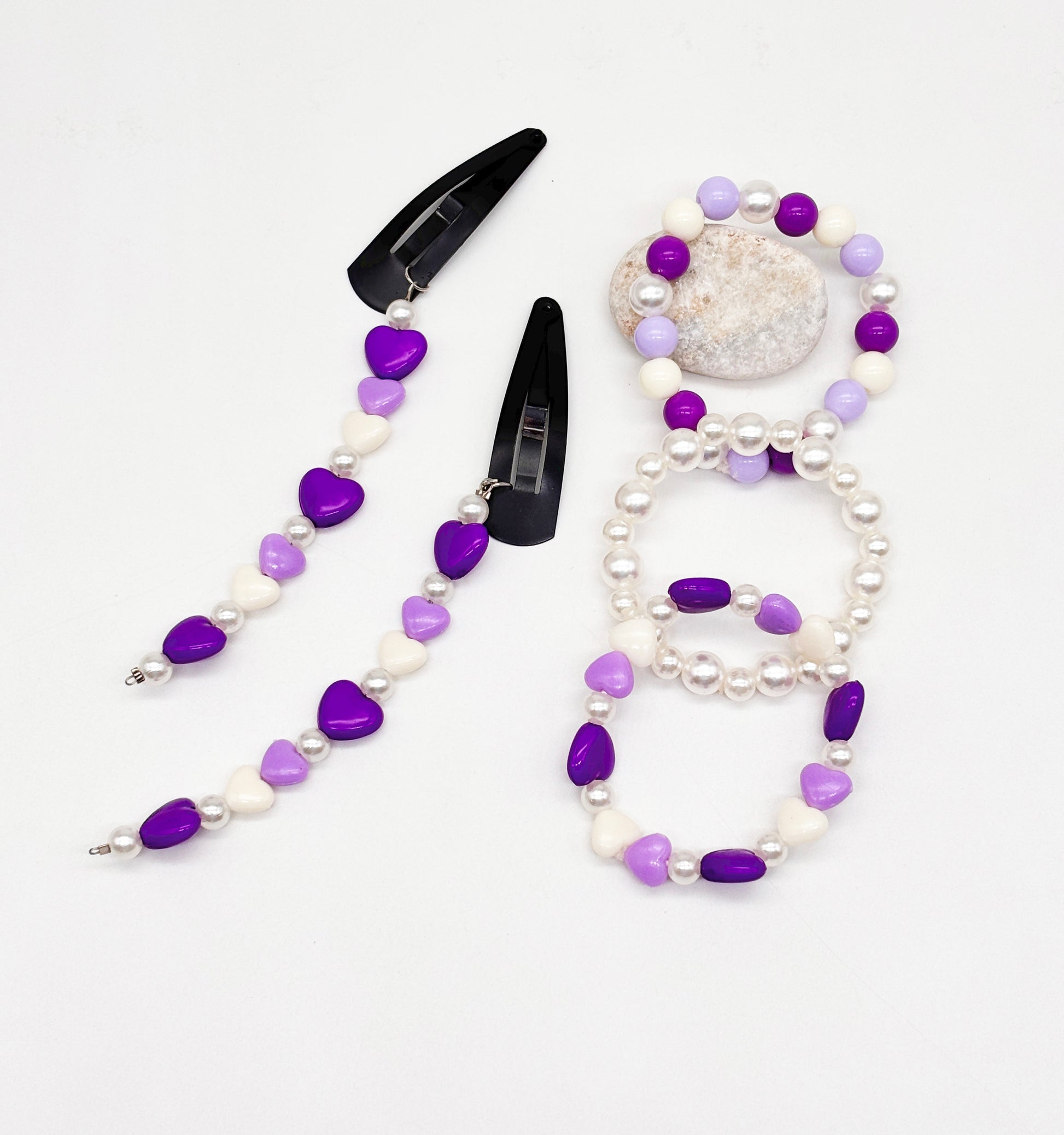 Beaded Heart Dangling Hair Clips & 3 Stretch Bracelets set- Purple, Mauve