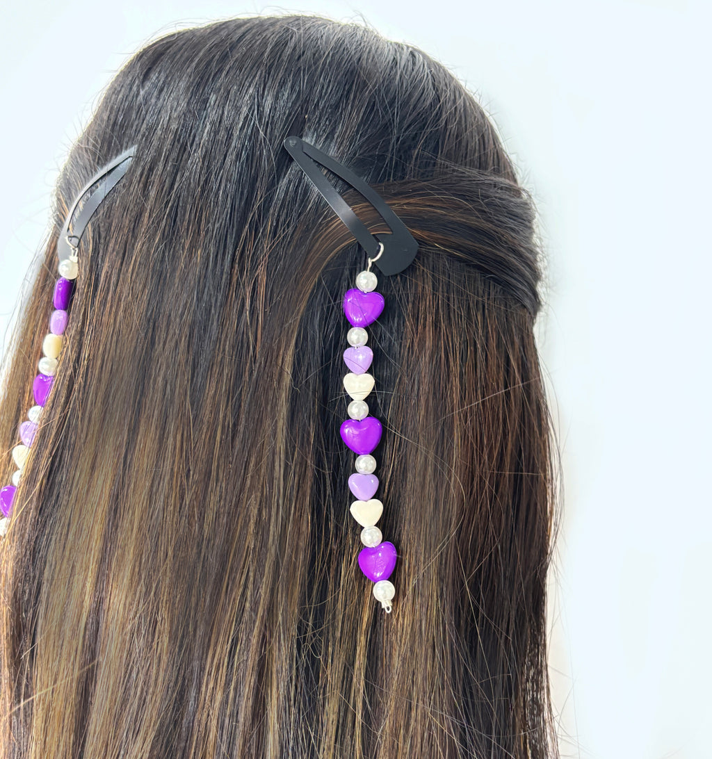 Beaded Heart Dangling Hair Clips & 3 Stretch Bracelets set- Purple, Mauve