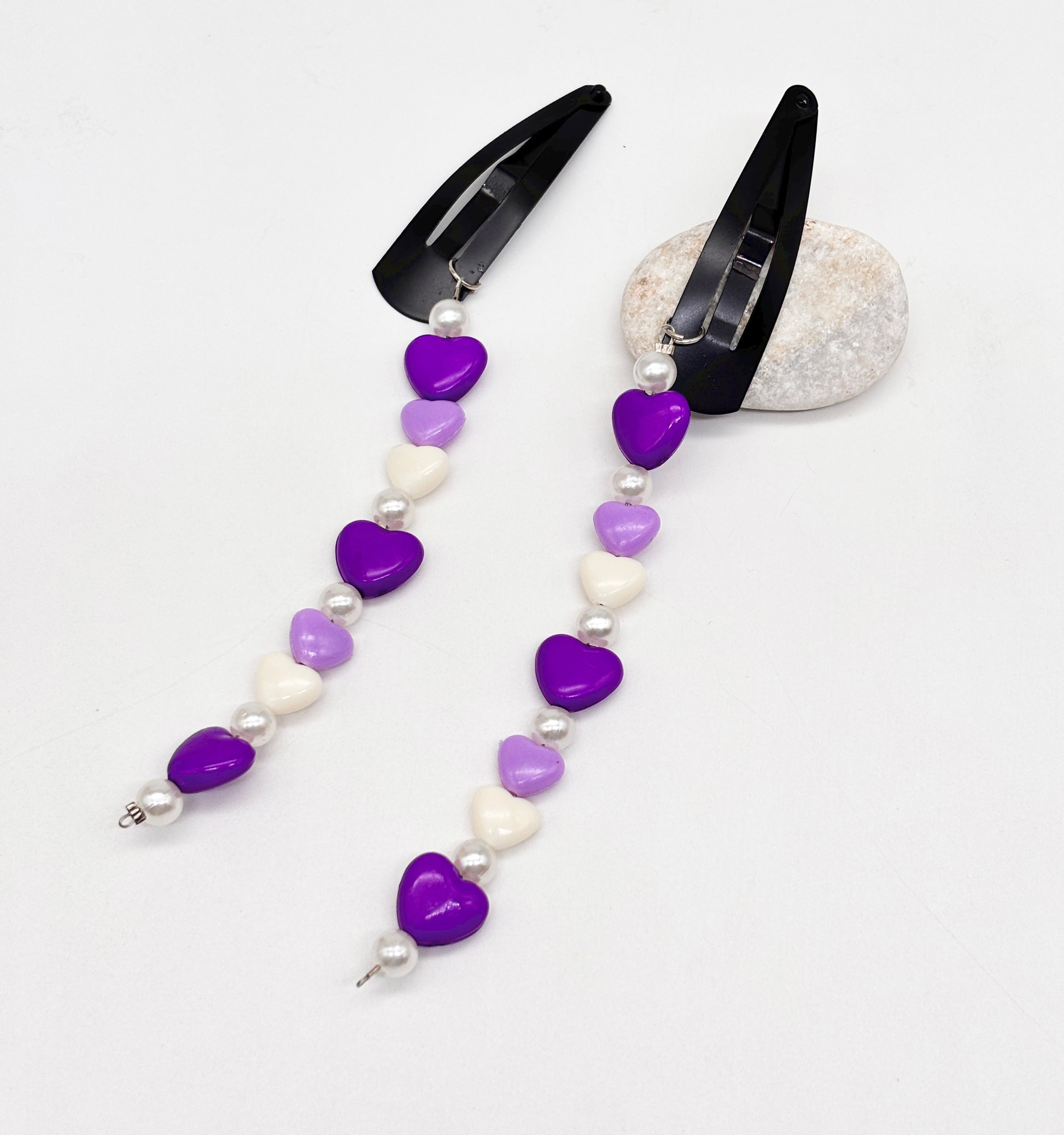 Beaded Heart Dangling Hair Clips & 3 Stretch Bracelets set- Purple, Mauve