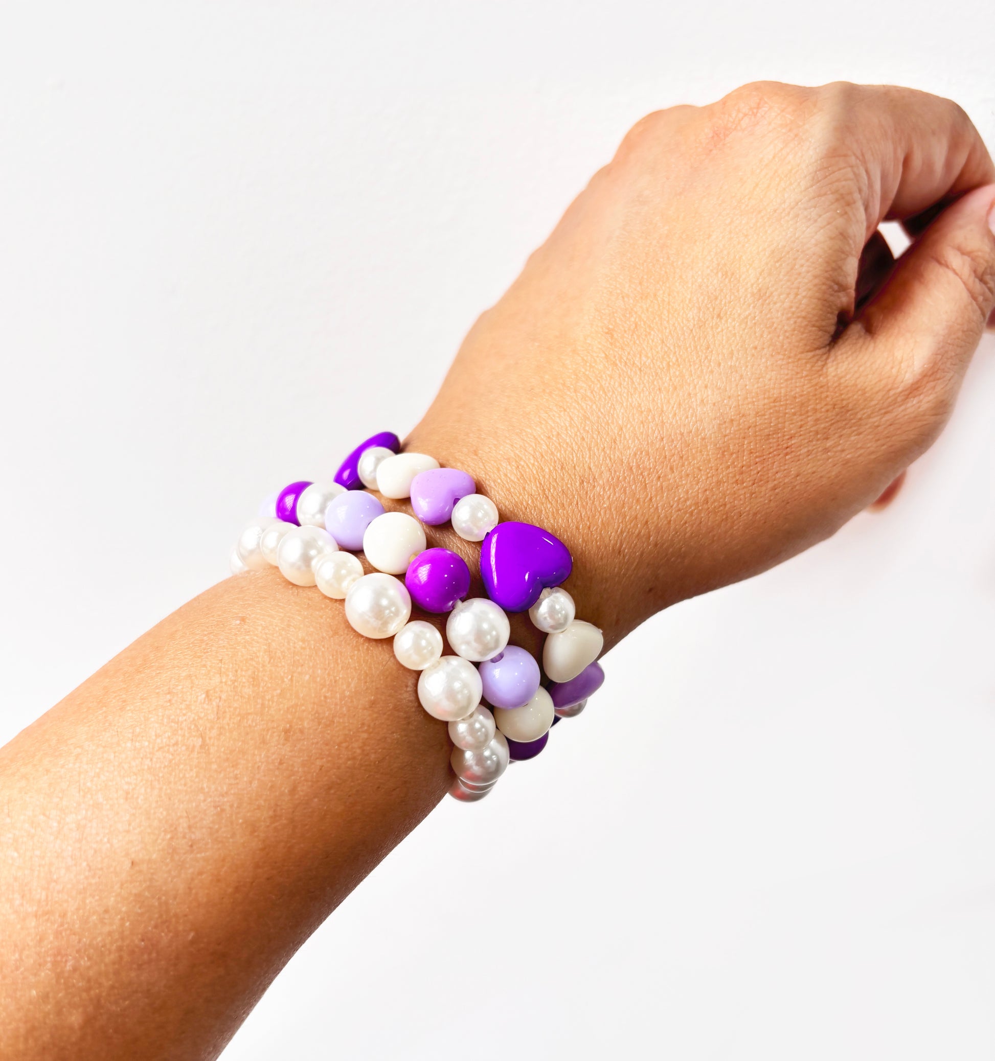 Beaded Heart Dangling Hair Clips & 3 Stretch Bracelets set- Purple, Mauve