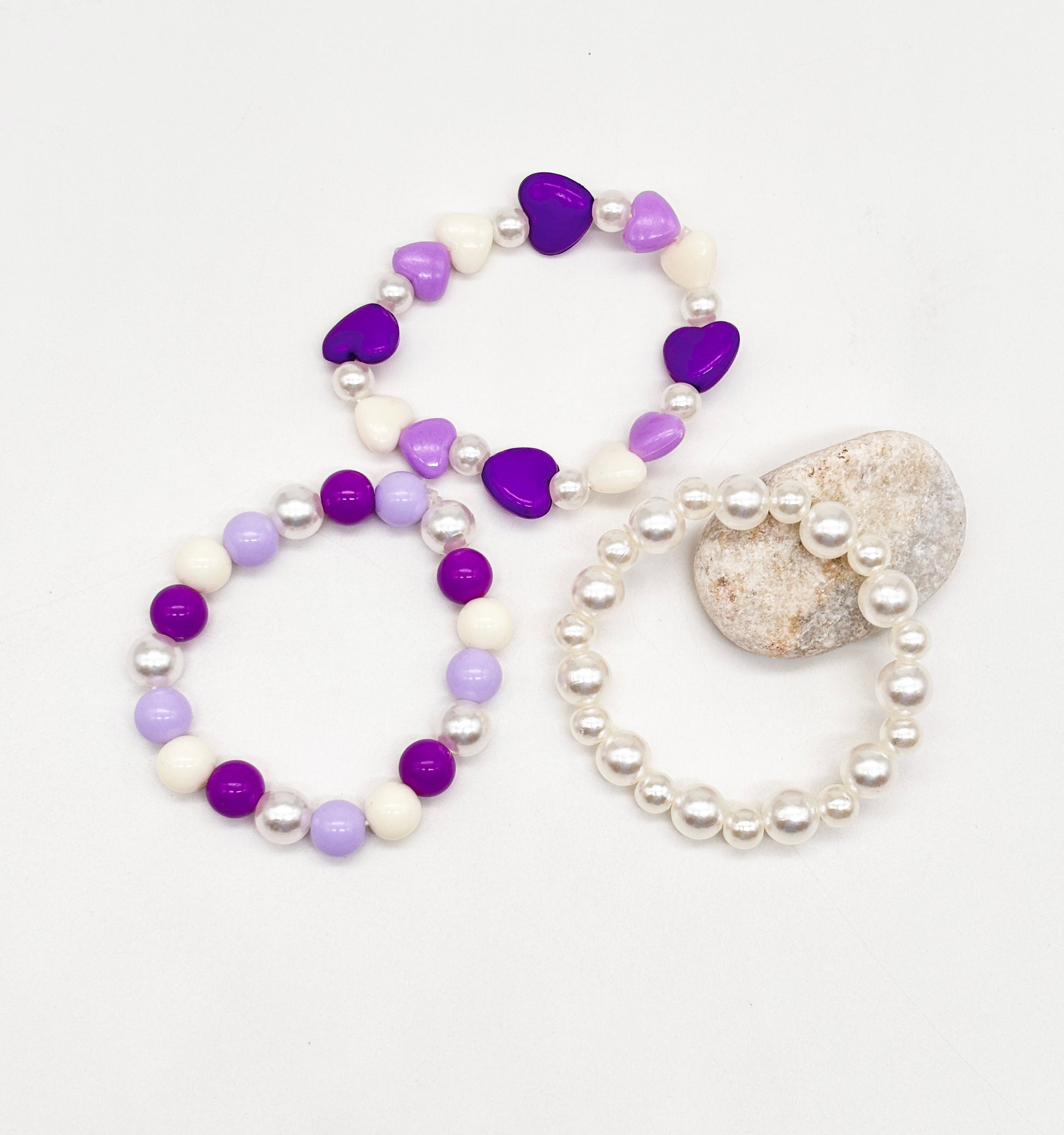 Beaded Heart Dangling Hair Clips & 3 Stretch Bracelets set- Purple, Mauve