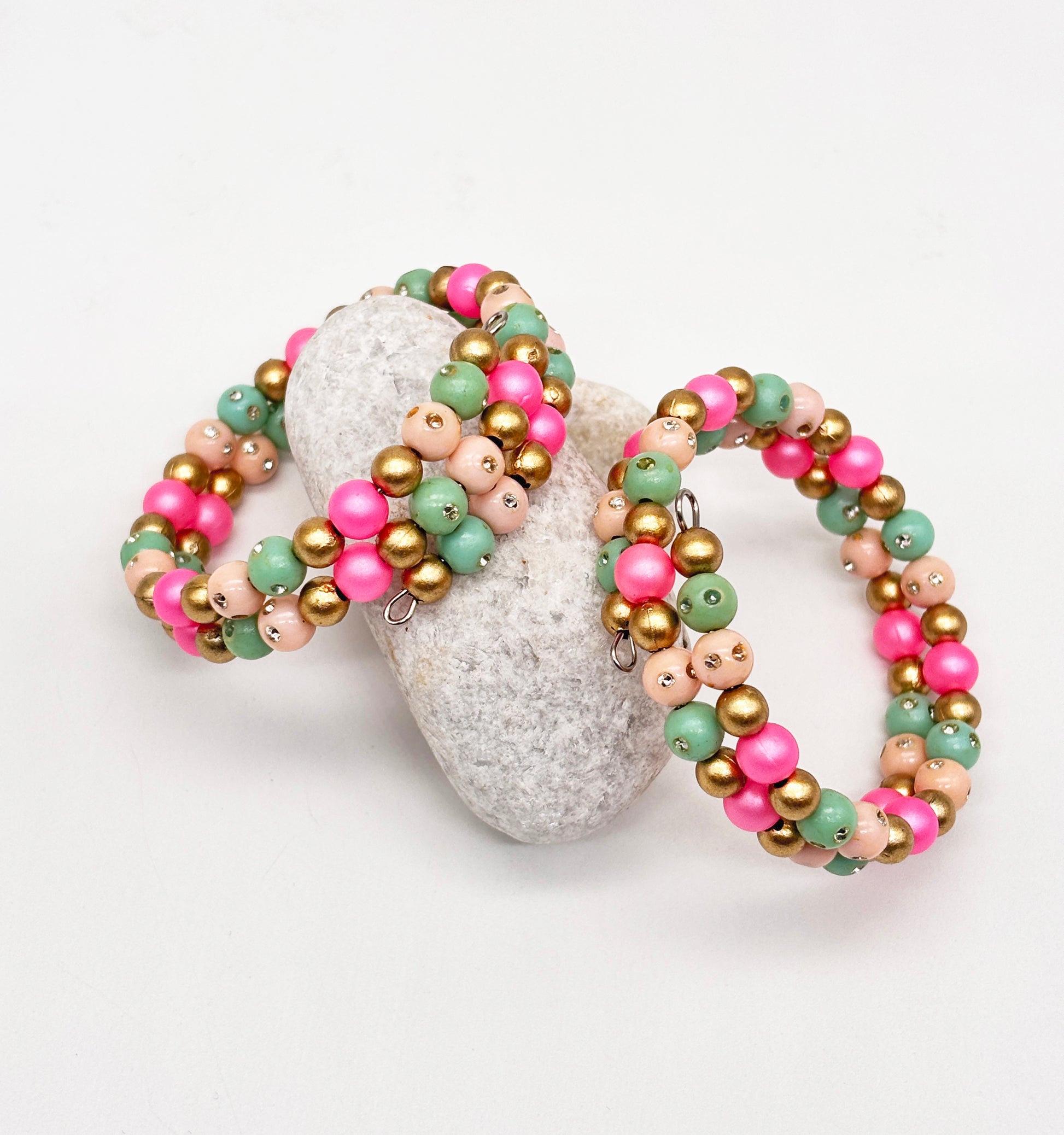 Saira Beaded Bracelets Set- Pink, Sea Green, Gold