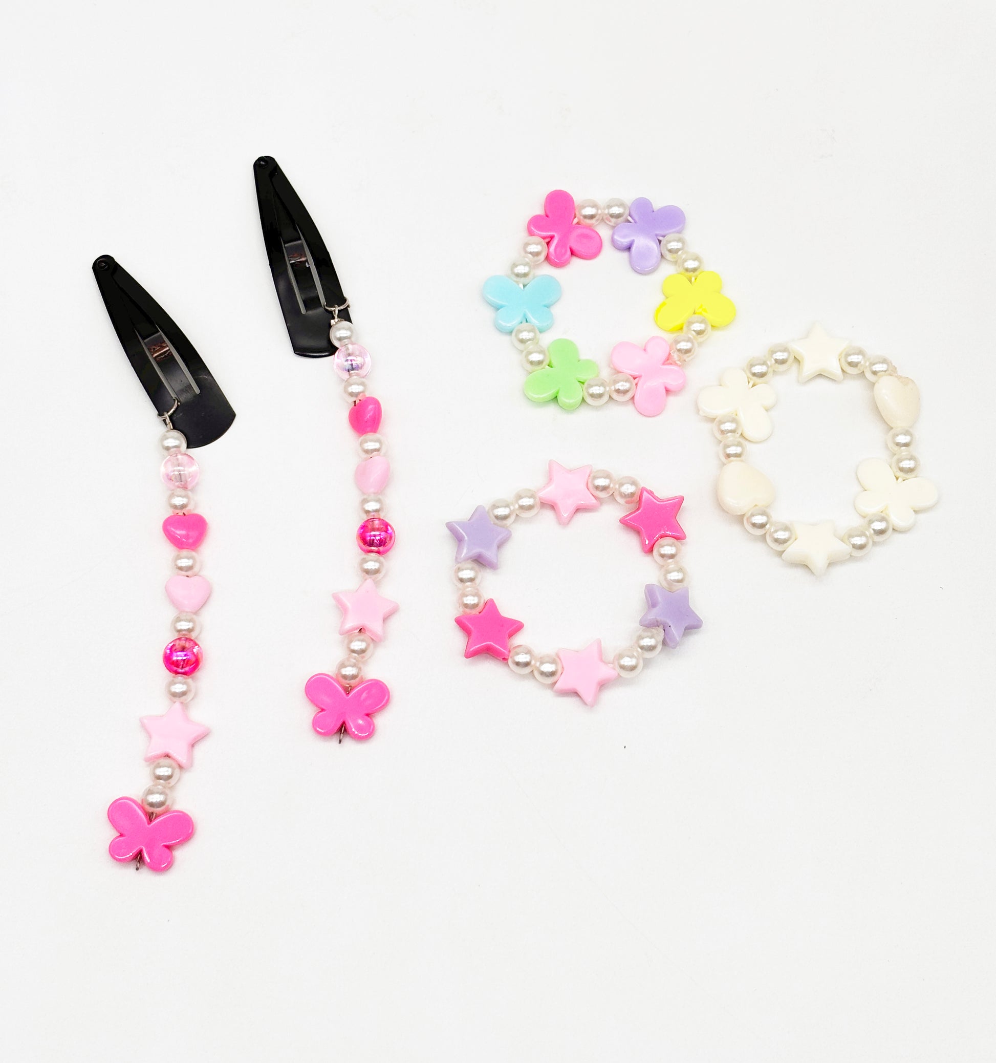 Butterfly & Stars Beaded Dangling Clips & 3 Bracelets Set- Multicoloured