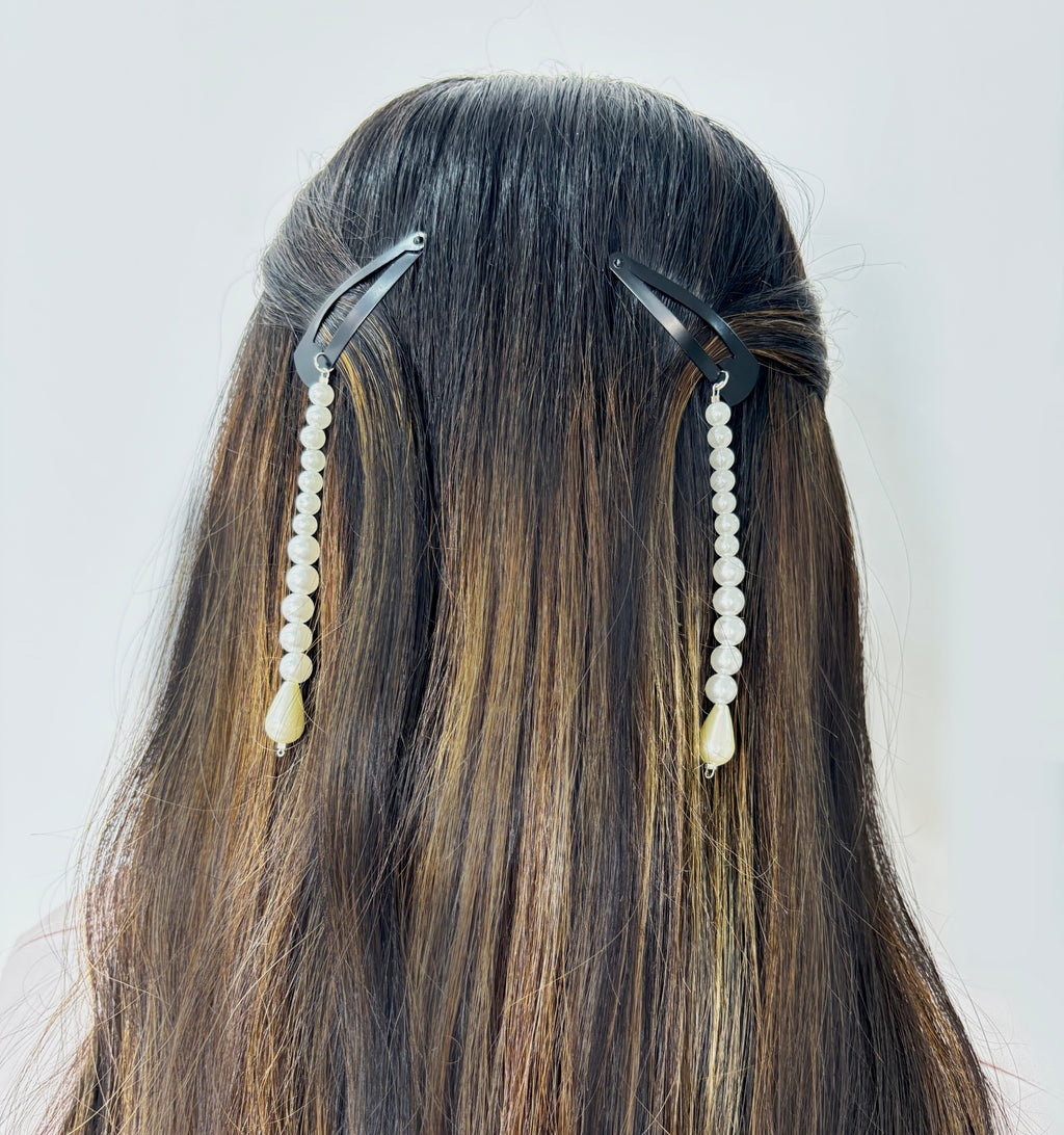 Pearl String Dangling Hair Clips-  White