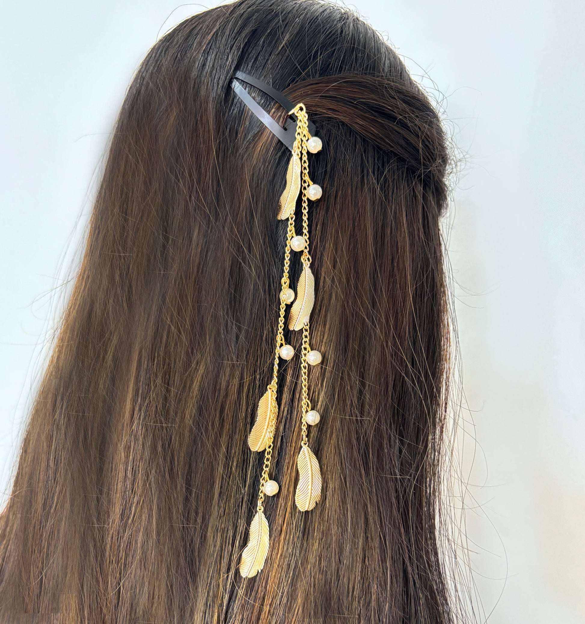 Dagling Leaves & Pearls Hair Clip- Golden