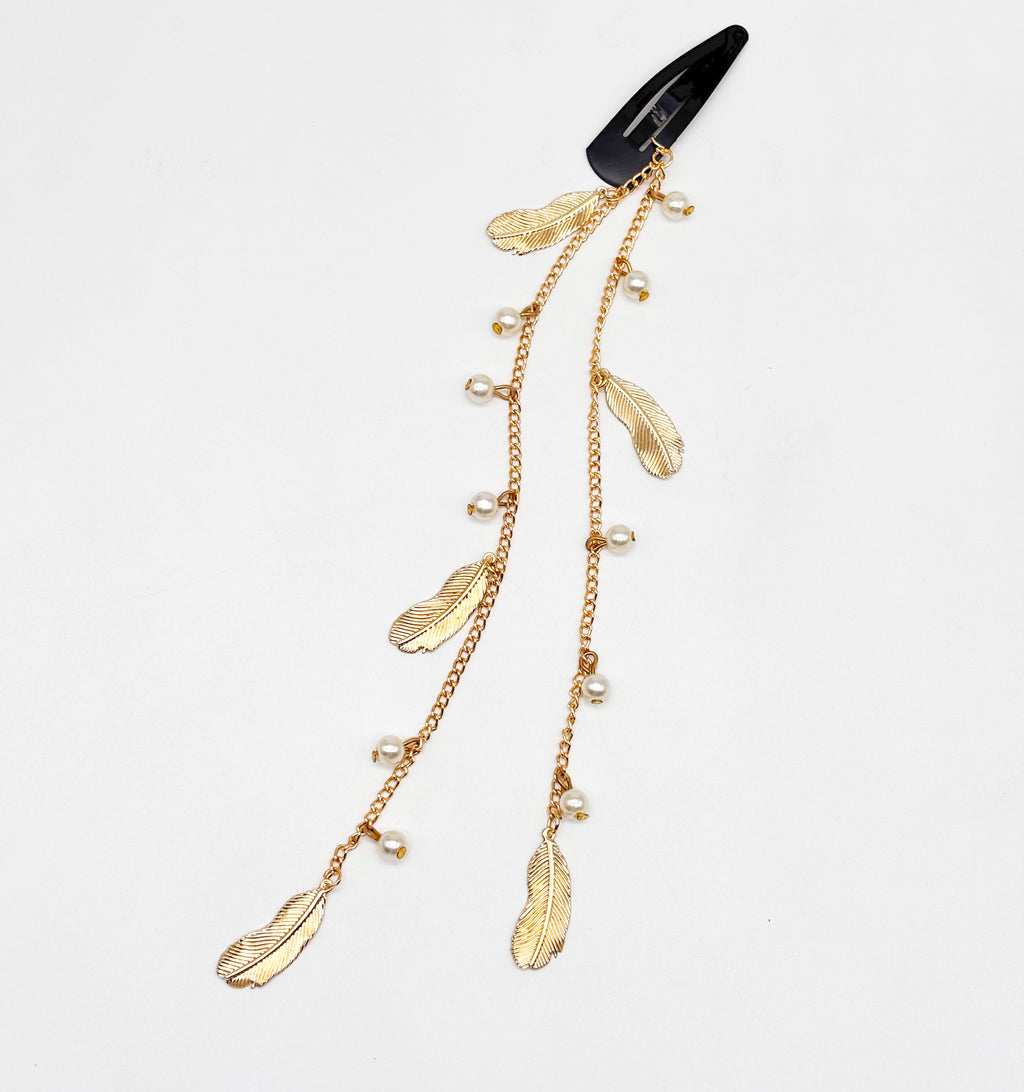 Dagling Leaves & Pearls Hair Clip- Golden