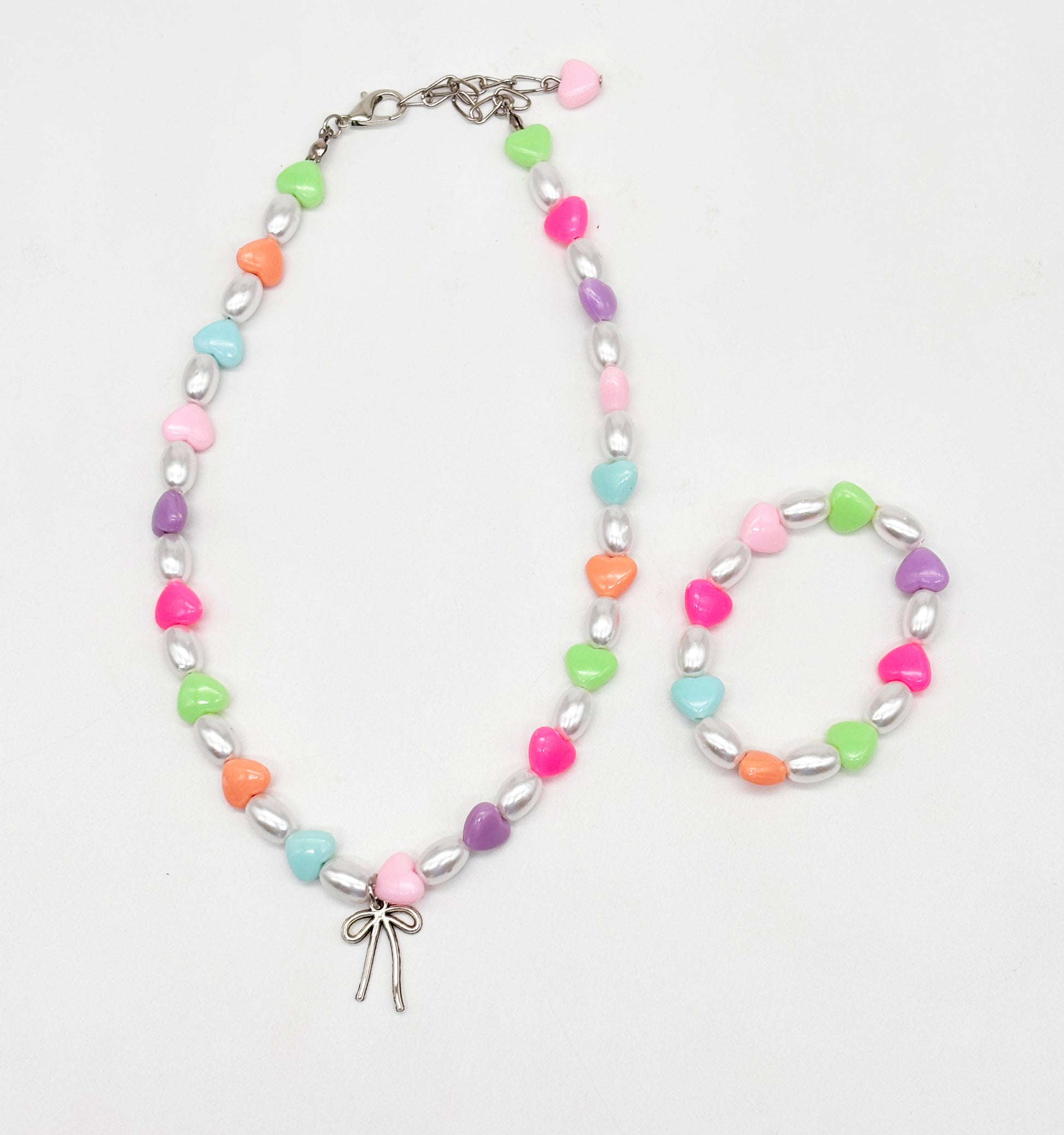 Bow Pendant, Heart Beads Necklace & Bracelet Set- Multicoloured