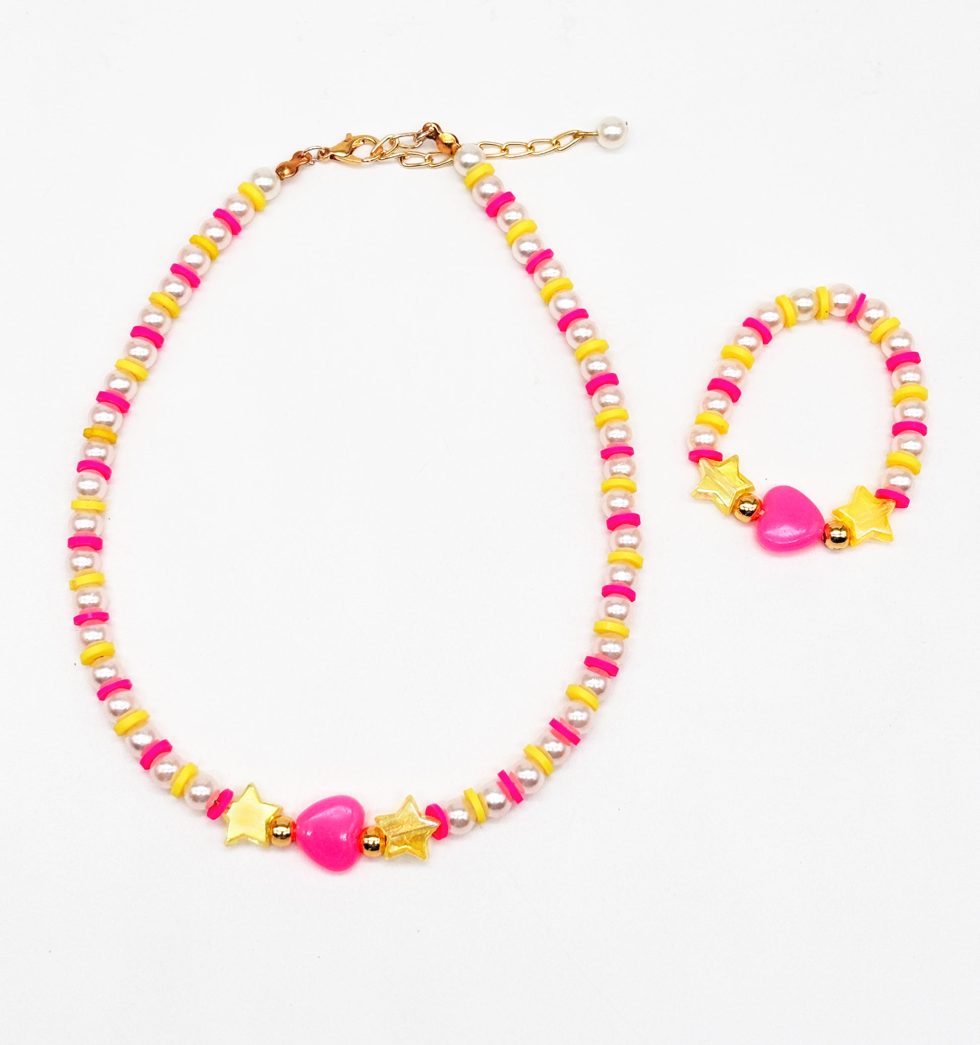 Heart & Pearls Necklace & Bracelet Set- Pink, Yellow