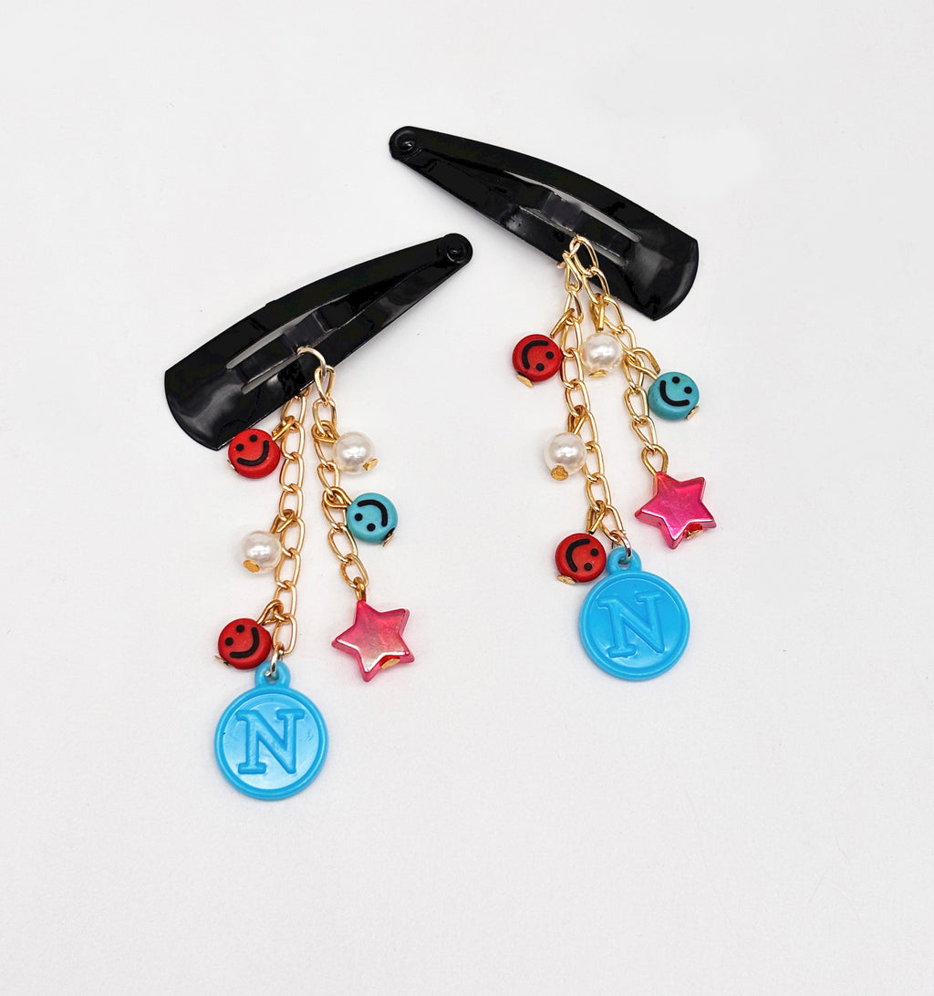 Personalised Star, Smiley Dangling Hair Clips- Blue, Red