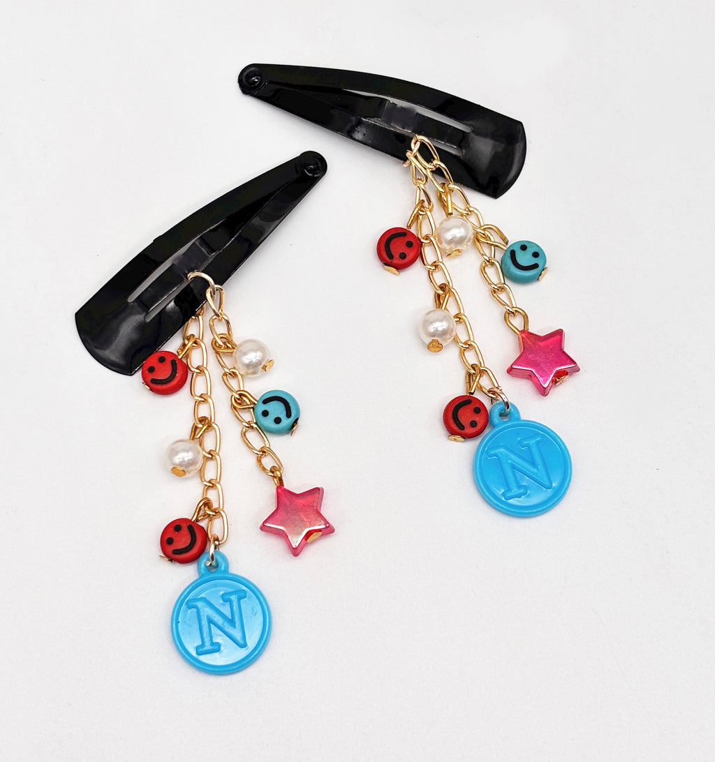 Personalised Star, Smiley Dangling Hair Clips- Blue, Red