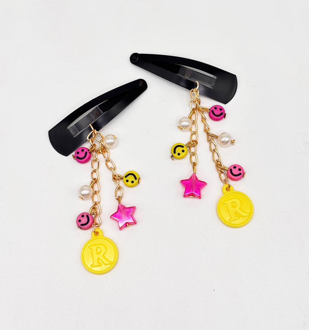 Personalised Star, Smiley Dangling Hair Clips- Yellow, Pink