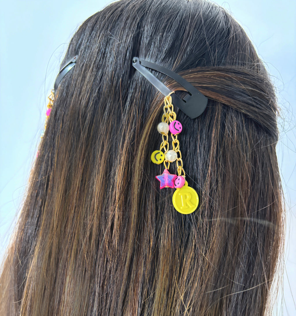 Personalised Star, Smiley Dangling Hair Clips- Yellow, Pink
