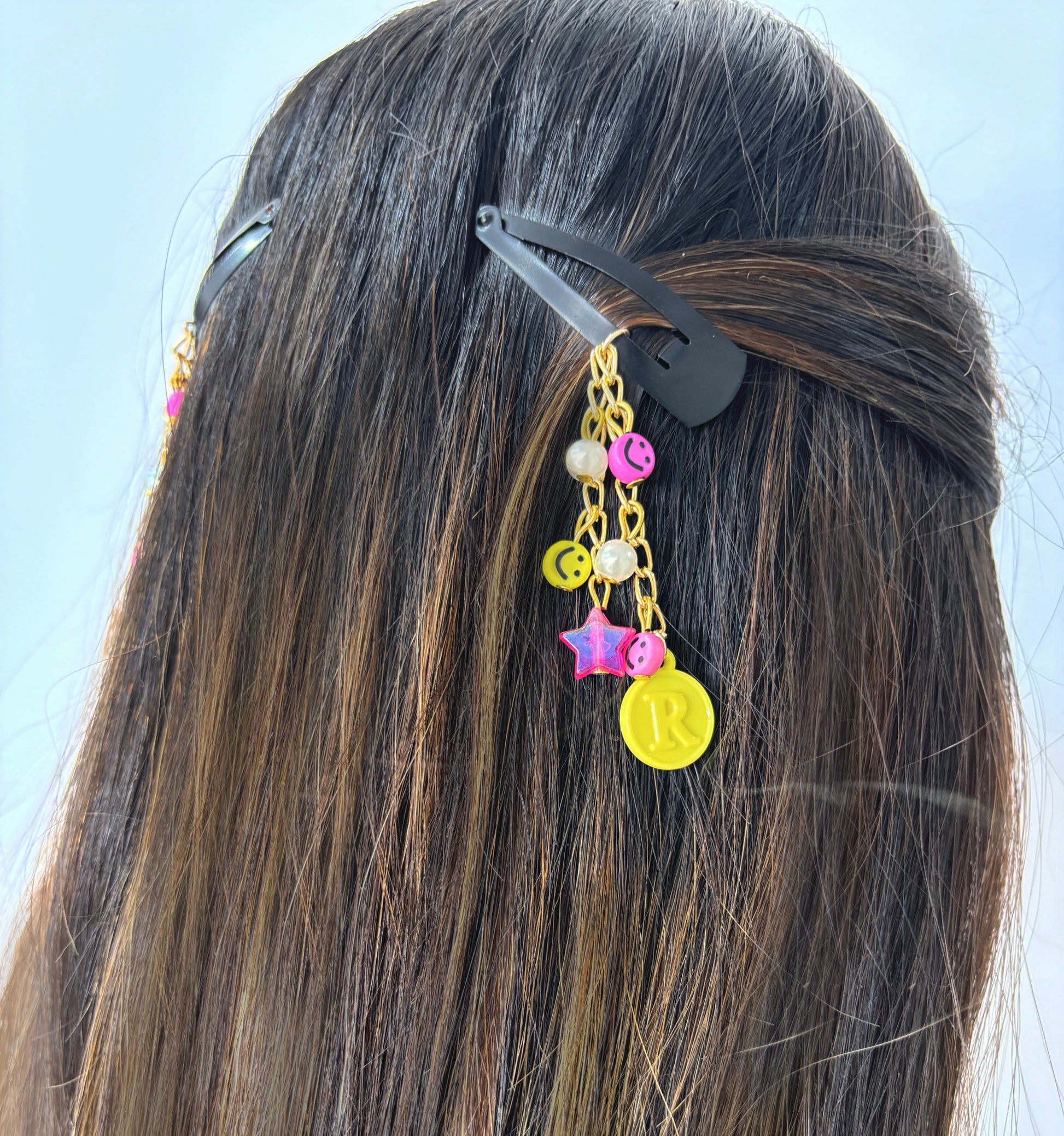 Personalised Star, Smiley Dangling Hair Clips- Yellow, Pink