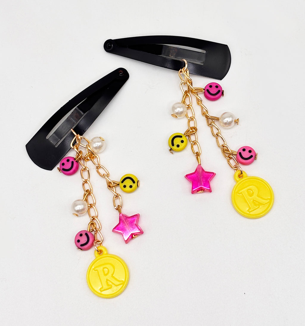 Personalised Star, Smiley Dangling Hair Clips- Yellow, Pink