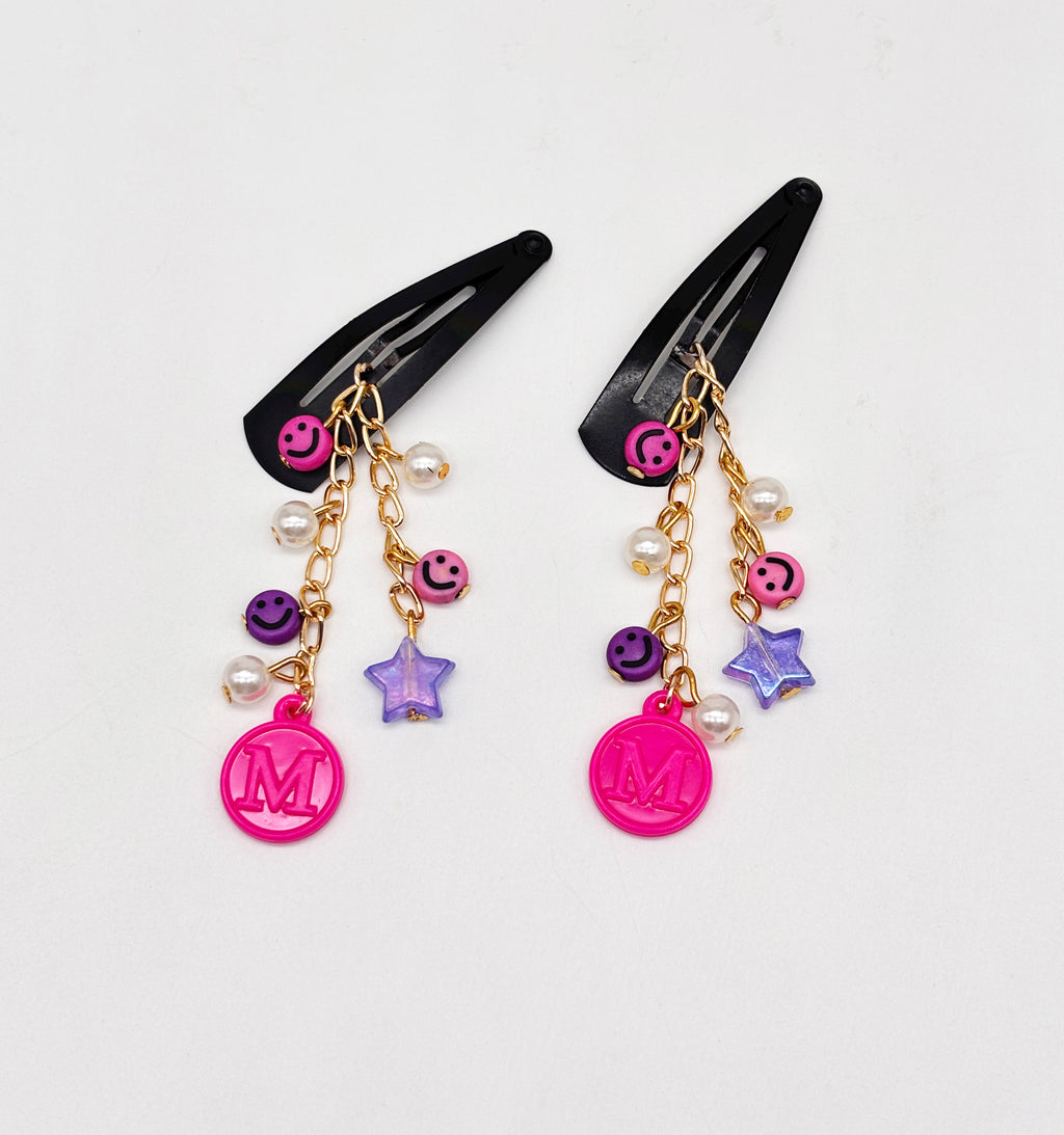 Personalised Star, Smiley Dangling Hair Clips- Pink, Purple