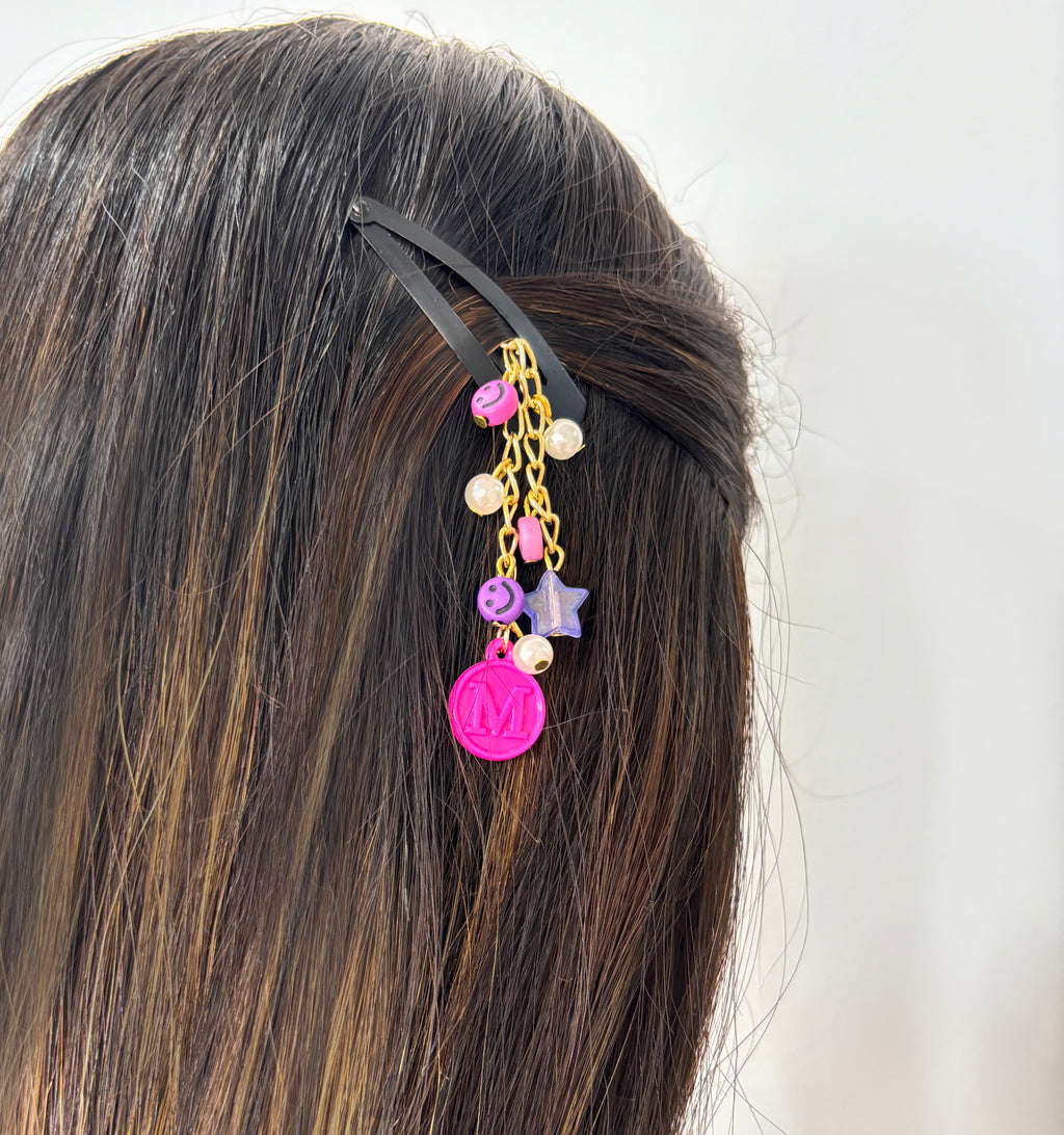 Personalised Star, Smiley Dangling Hair Clips- Pink, Purple