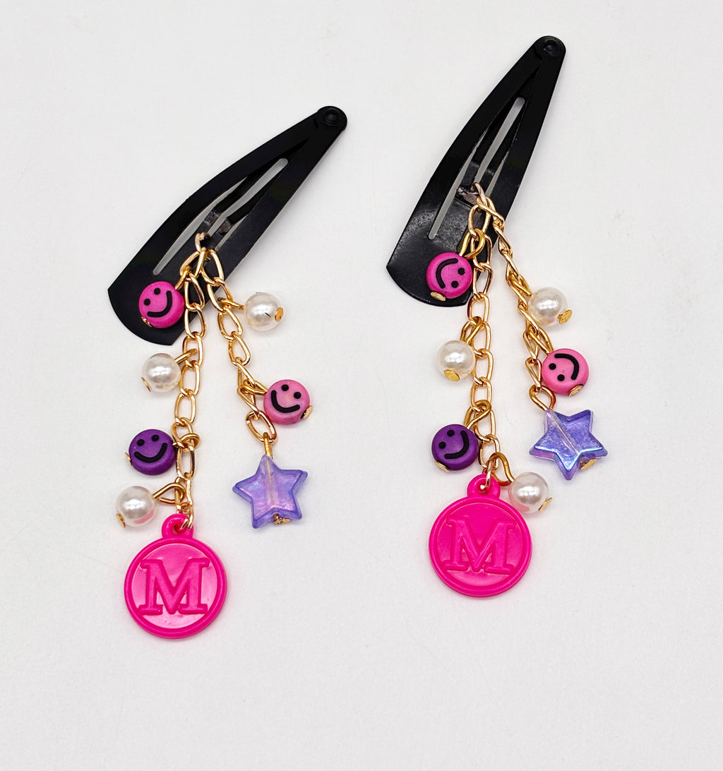 Personalised Star, Smiley Dangling Hair Clips- Pink, Purple