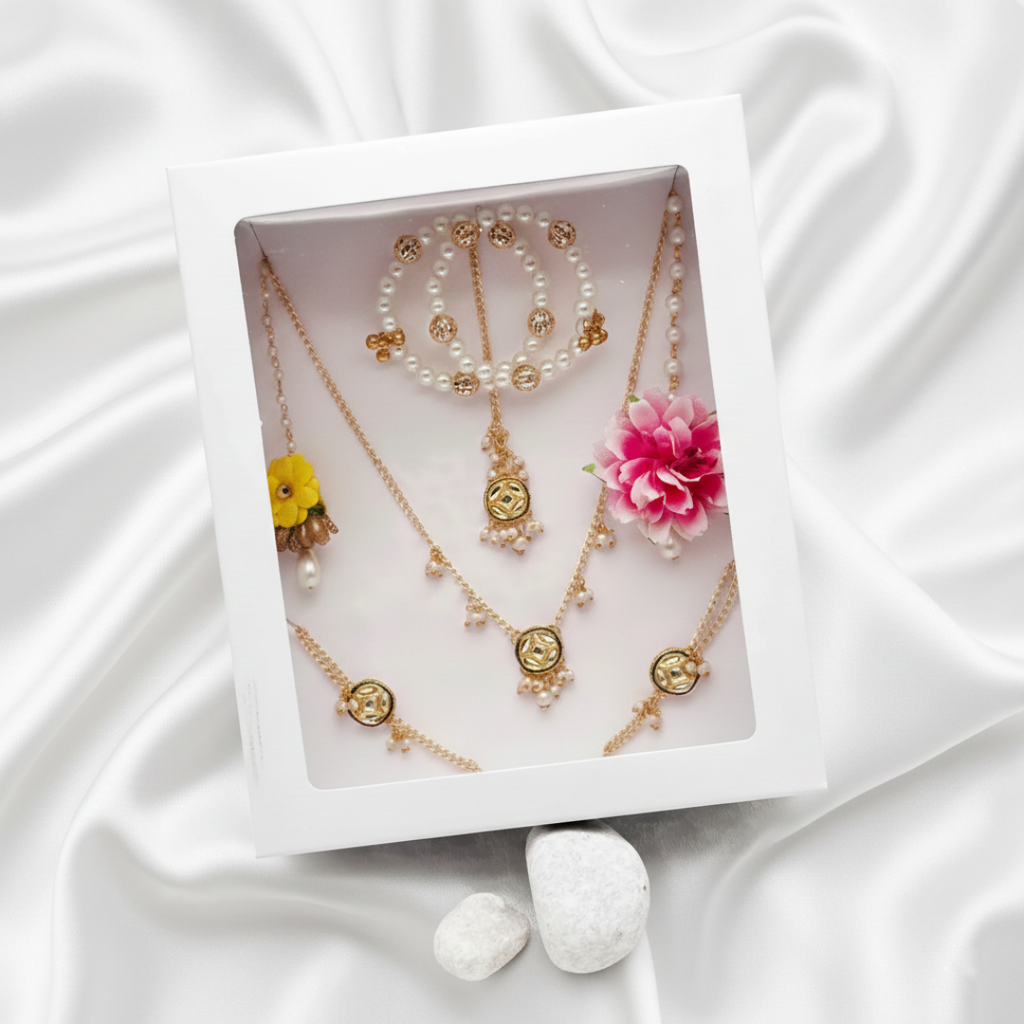 Festive Gift Set of Kundan & Pearl Necklace, 2 Pairs Bracelets, 3 Maang Teeka