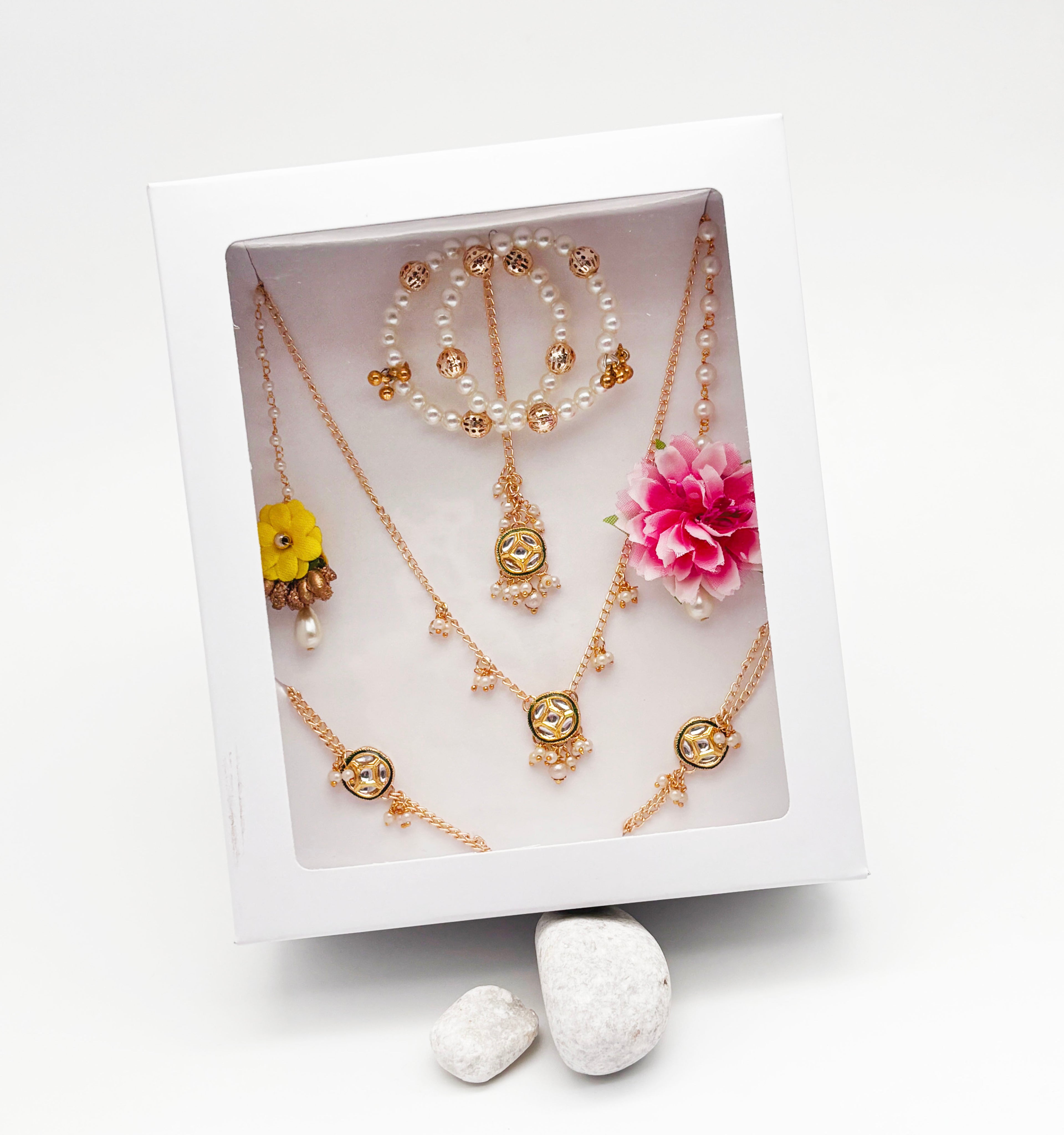 Festive Gift Set of Kundan & Pearl Necklace, 2 Pairs Bracelets, 3 Maang Teeka