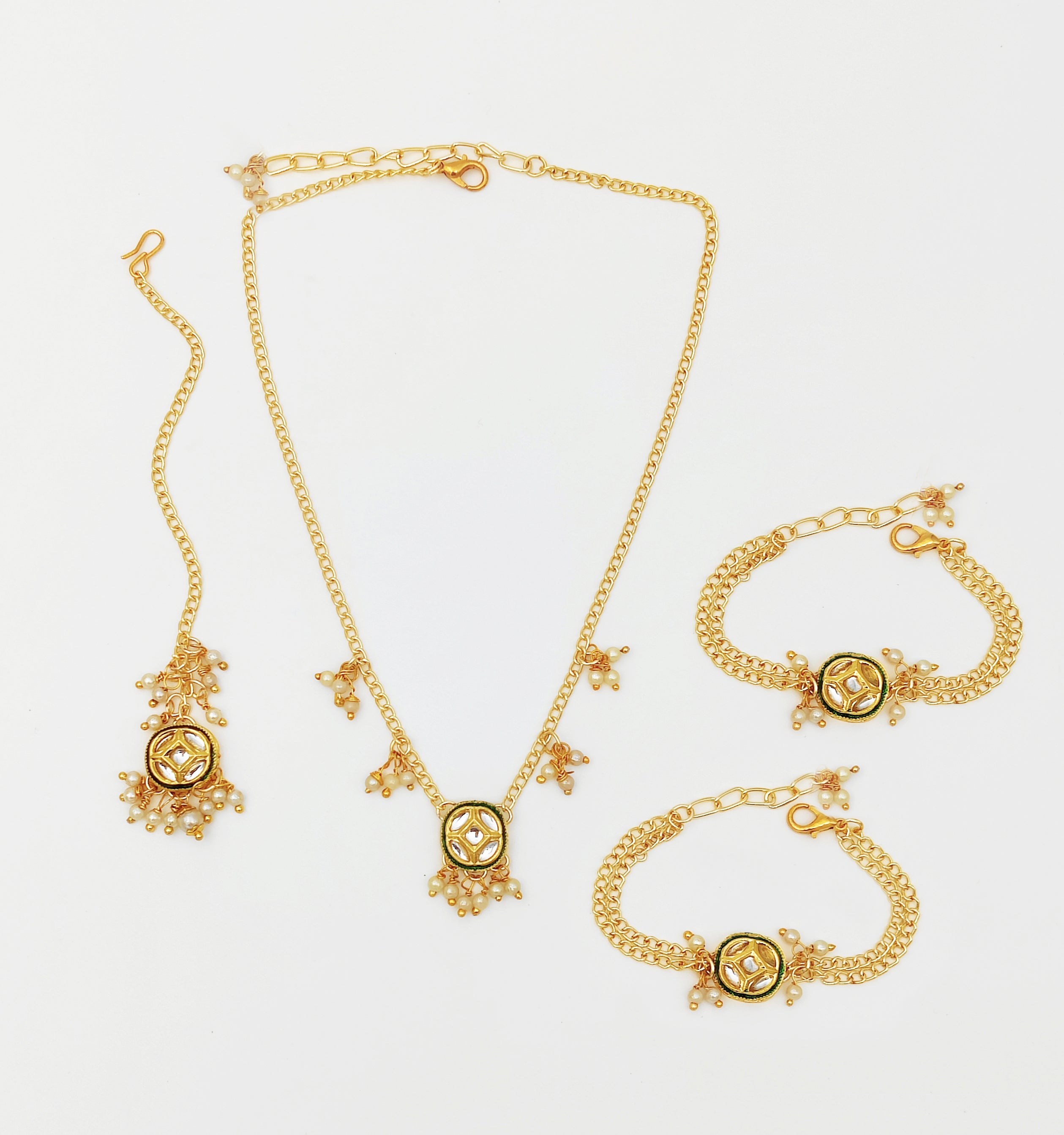 Image of Festive Gift Set of Kundan & Pearl Necklace, 2 Pairs Bracelets, 3 Maang Teeka