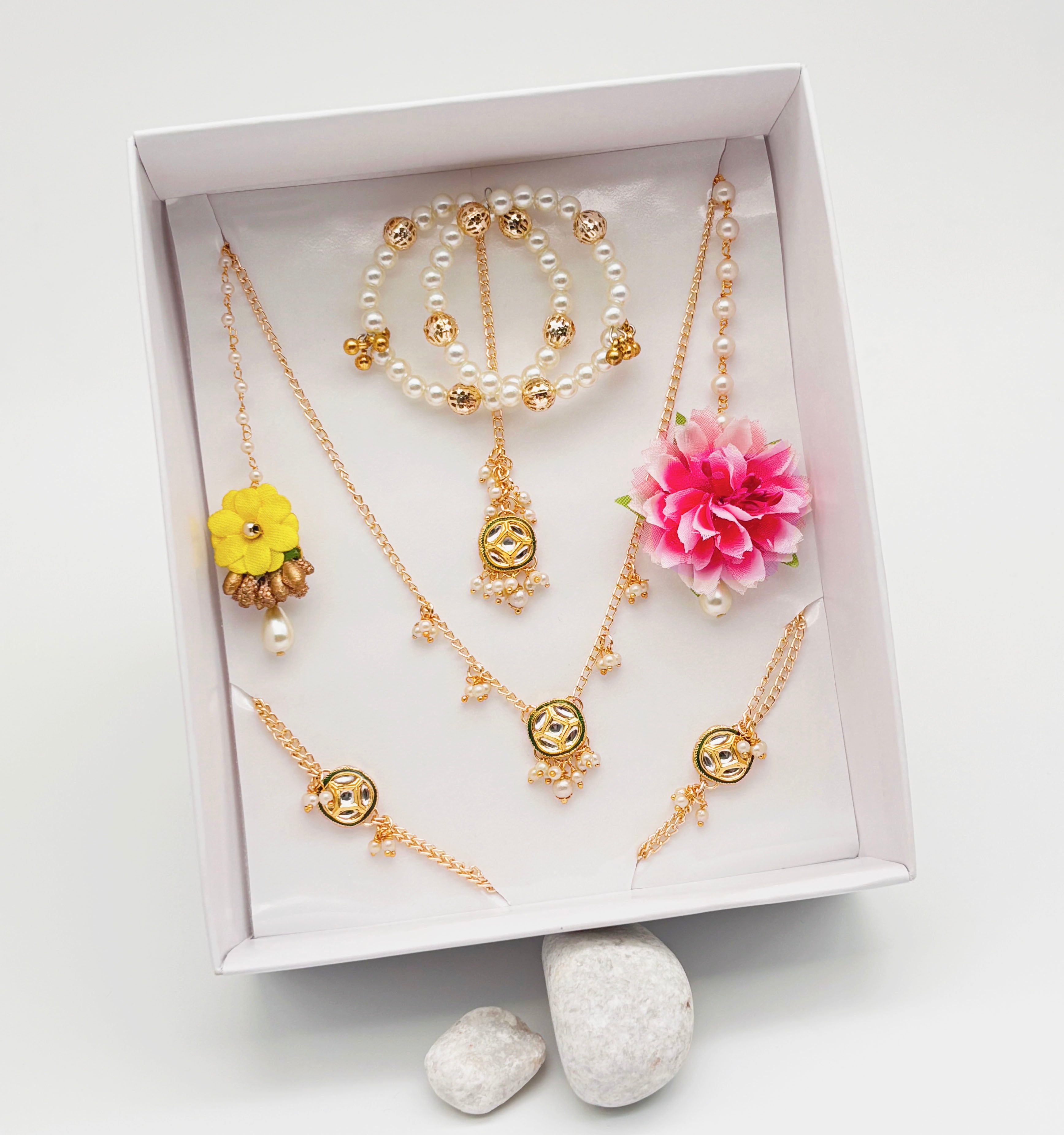 Image of Festive Gift Set of Kundan & Pearl Necklace, 2 Pairs Bracelets, 3 Maang Teeka